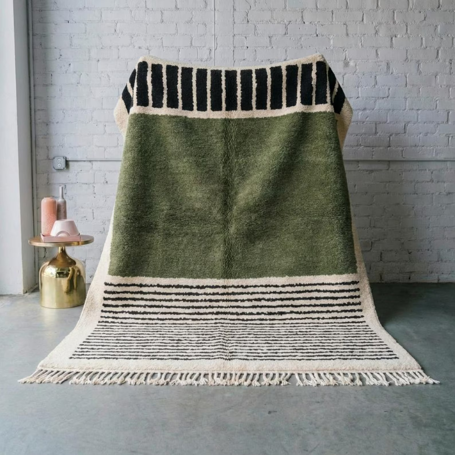 Olive Green Moroccan Rug – Geometric Striped Berber Carpet – Handmade Area Rug