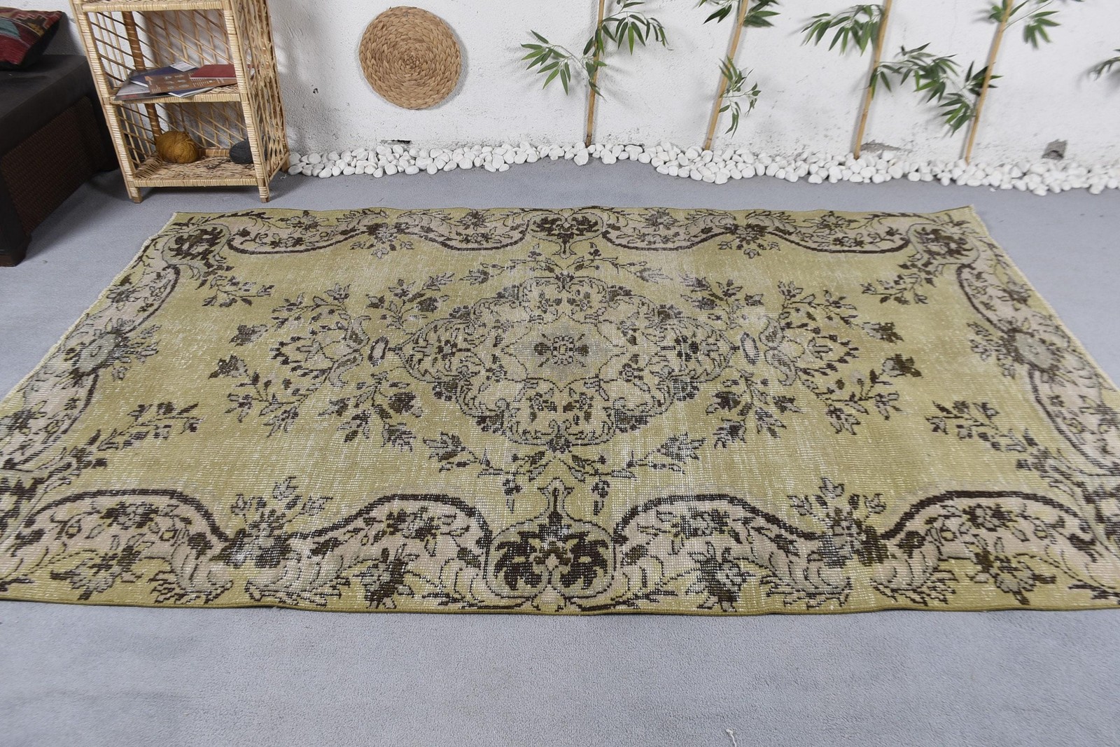 Vintage Rug, 5,4×8,8 ft Large Turkish Rug, Beige Brown Plants & trees Rug