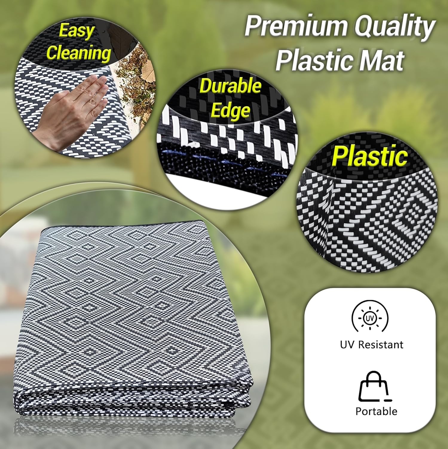 Weatherproof 7×5 ft Outdoor Patio Rug Recycled Plastic Foldable Reversible Bl…