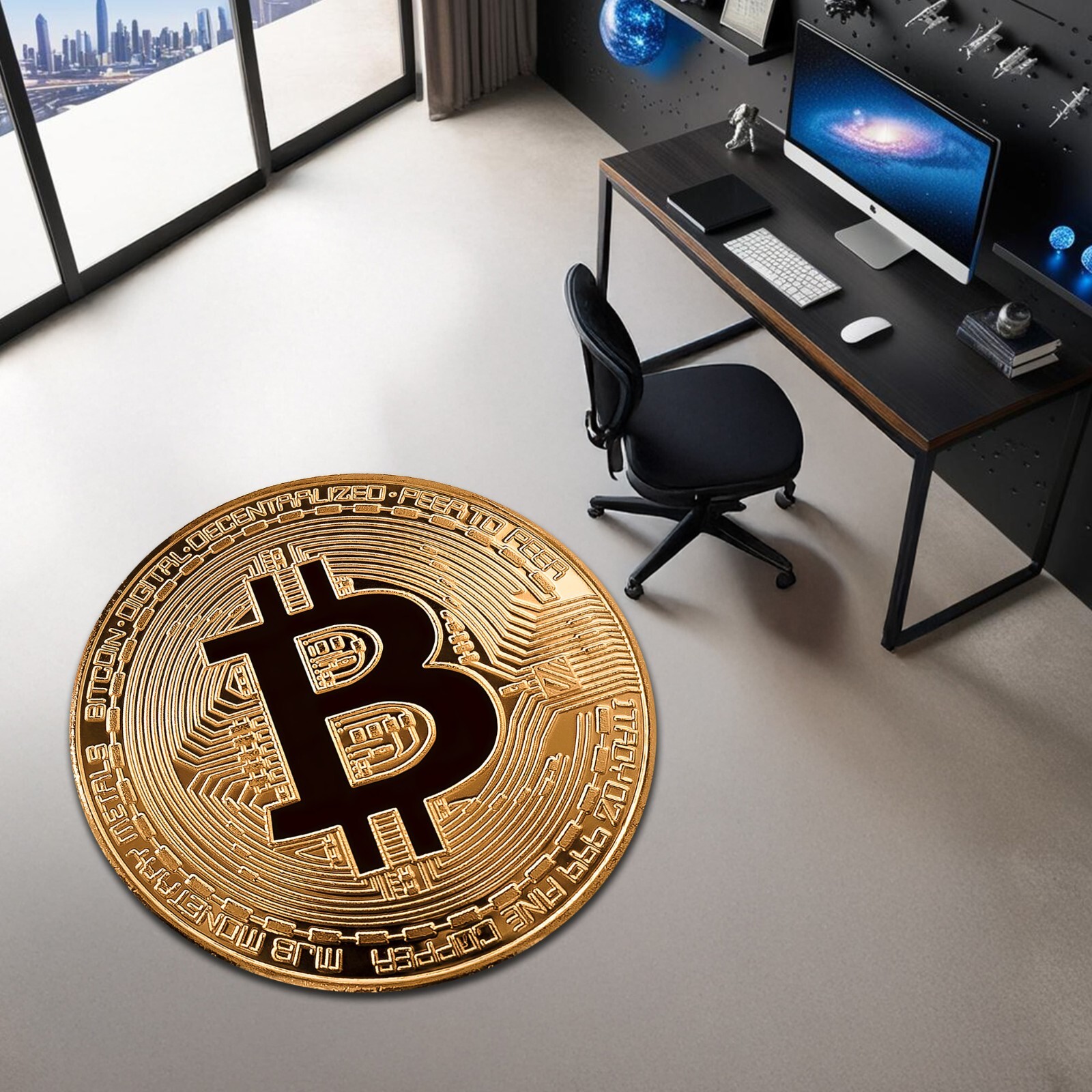 Bitcoin Rug Nonslip Washable Office Carpet Round Mat Aesthetic Gold Coin Decor