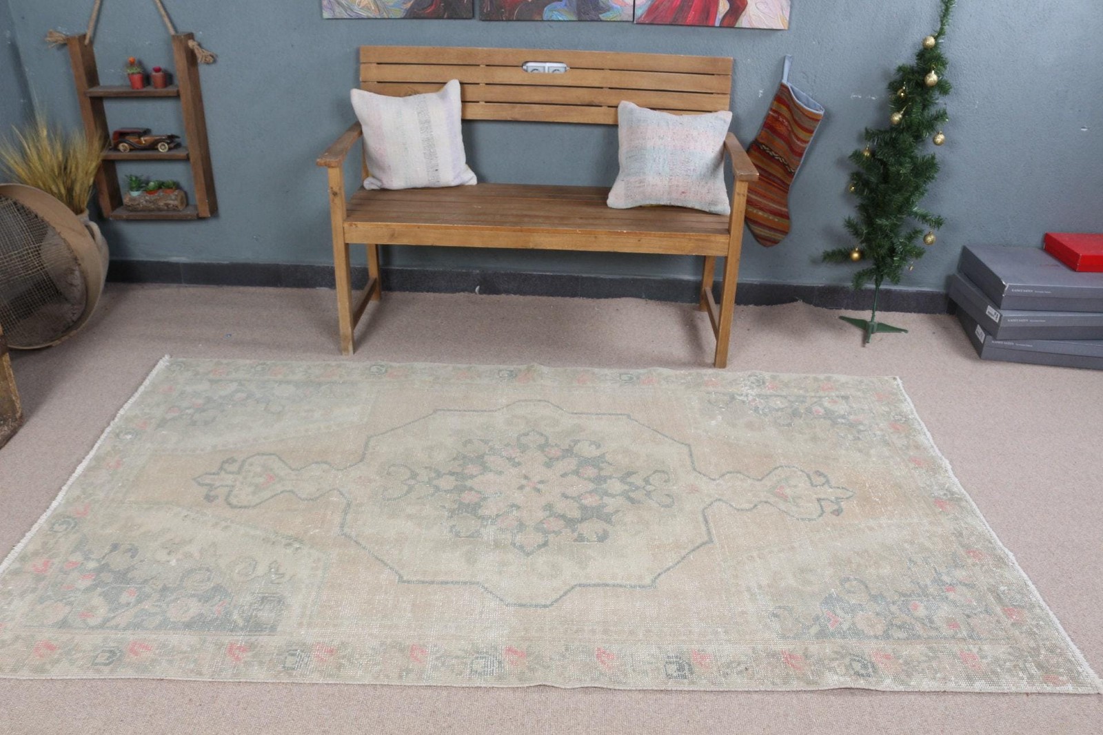 4,4×7,5 ft Rug, Turkish Vintage Rug, Gray Polka dot Wool Rug