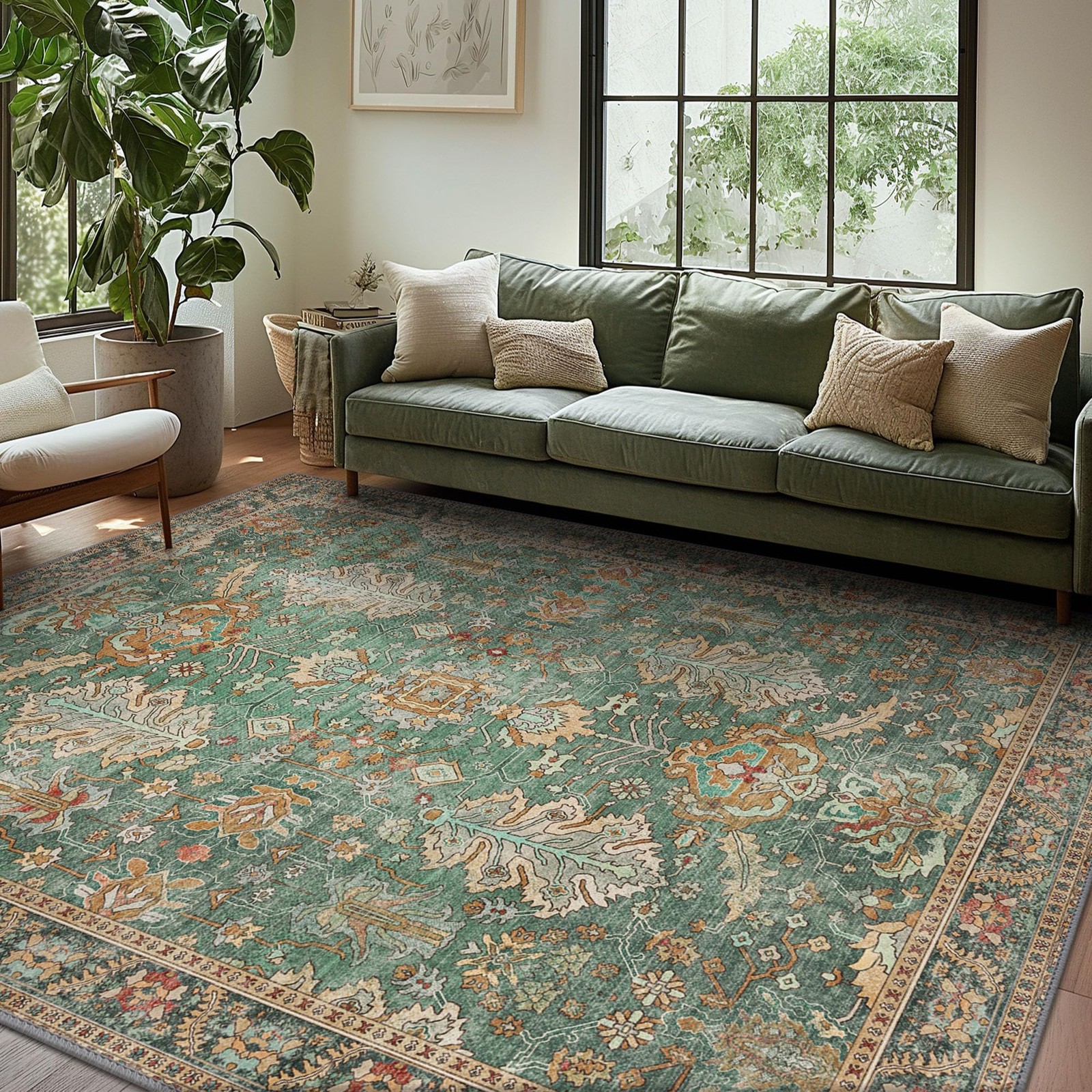 Bavni Washable Area Rugs 8×10 Green Boho 8′ x 10′ (Rectangular), Sage/Gold