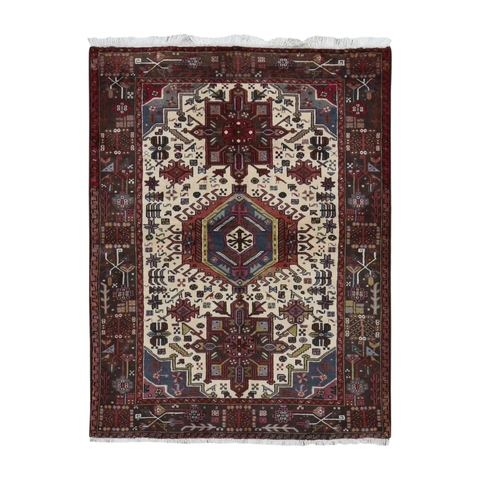 5’1″x6’7″ Ivory Zoroastrian Karjihooz Hand Knotted Pure Wool Rug R87585