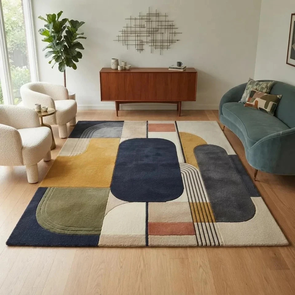 Mid Century Modern Area Rug – Hand Tufted Wool Rug with Geometric Abstract Rug.