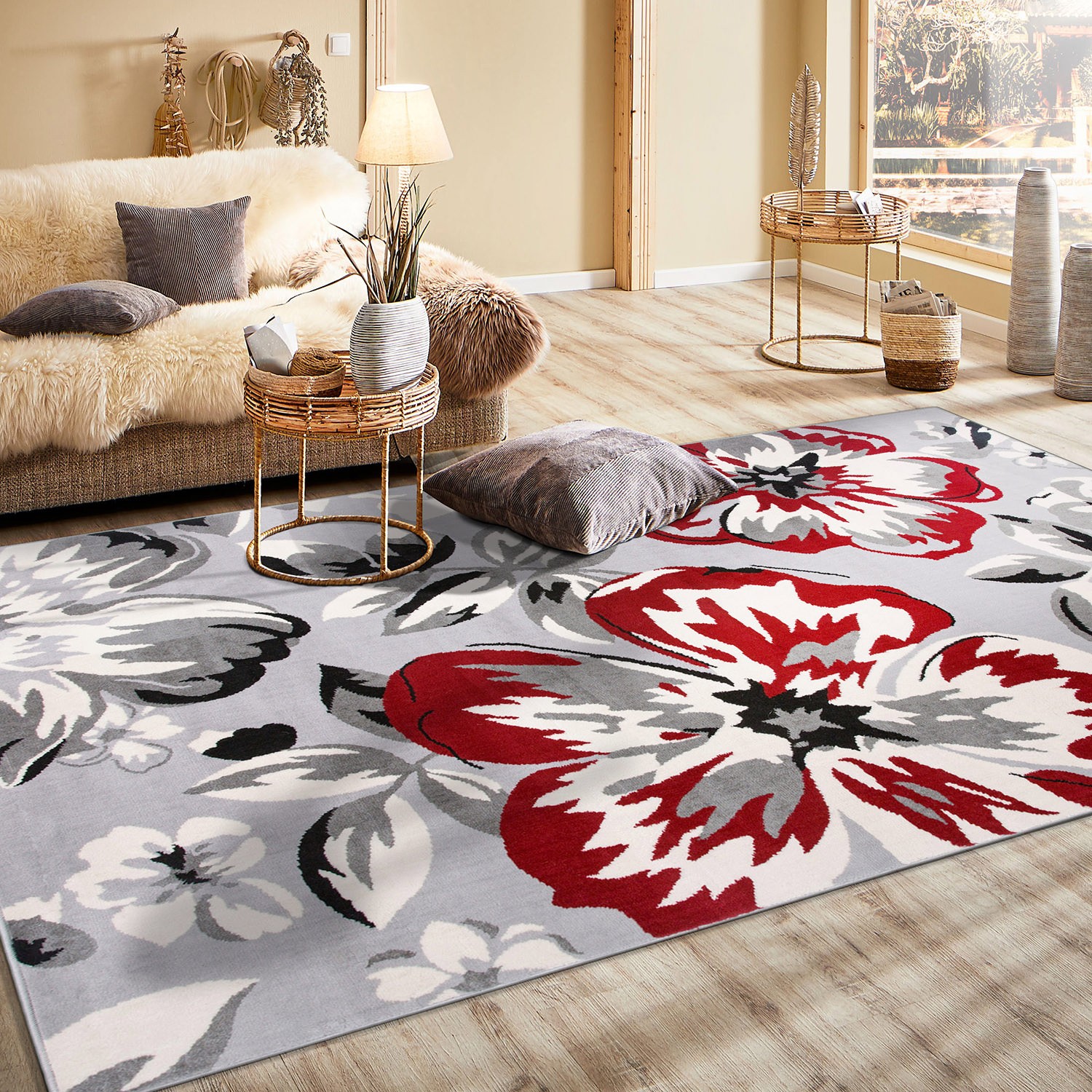 Rugshop Area Carpets Modern Floral Design Polypropylene Rugs Jute Red Rugs 5×7