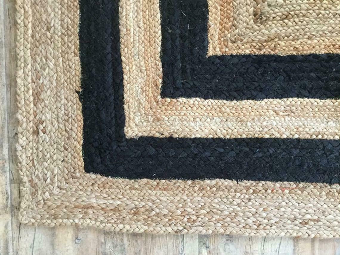 Natural Jute With Black Line 100% Handmade Rectangle Home Decorative Look Rug