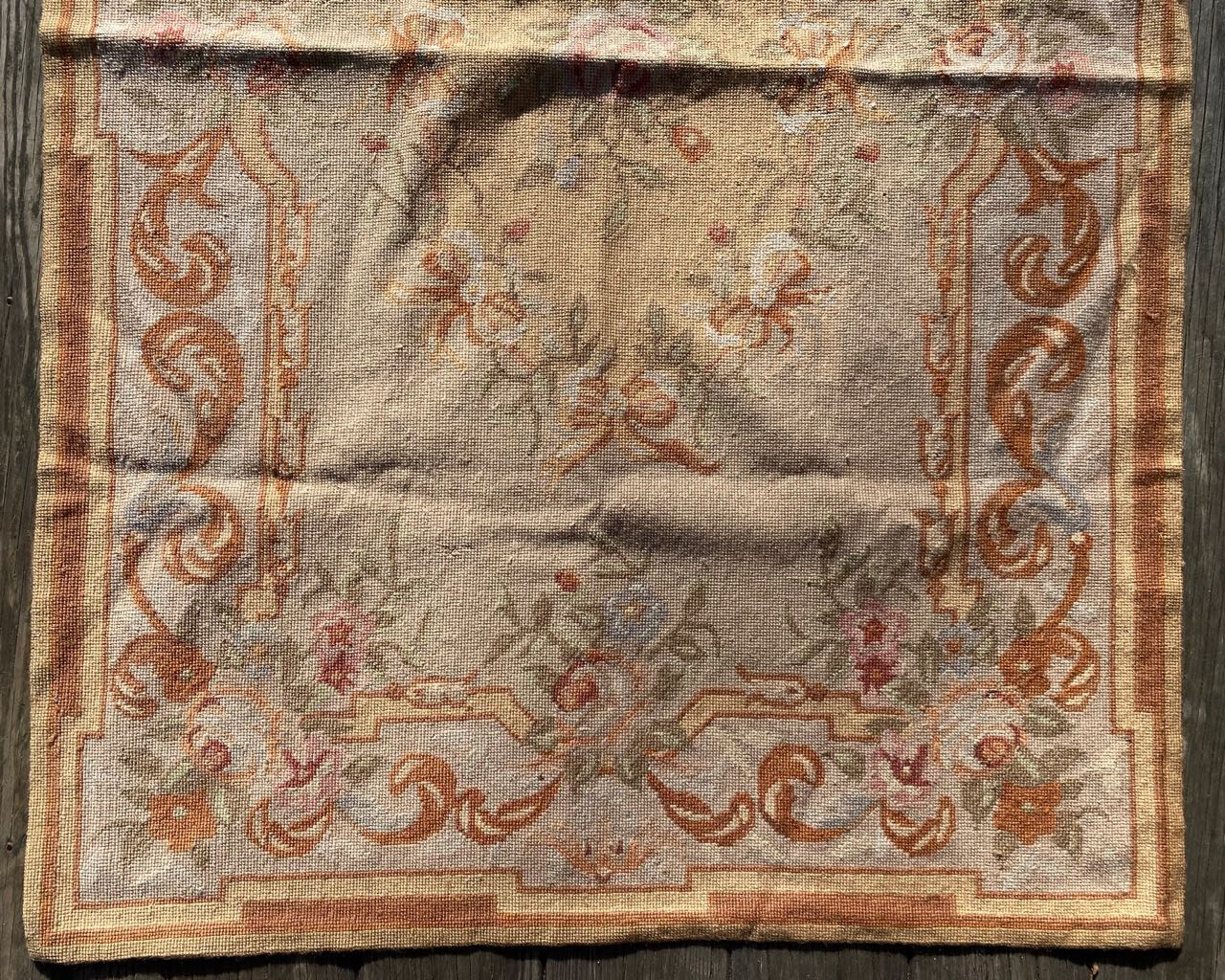 Vintage French Floral Aubusson Area Rug. Hand Knotted Flat Weave Needlepoint