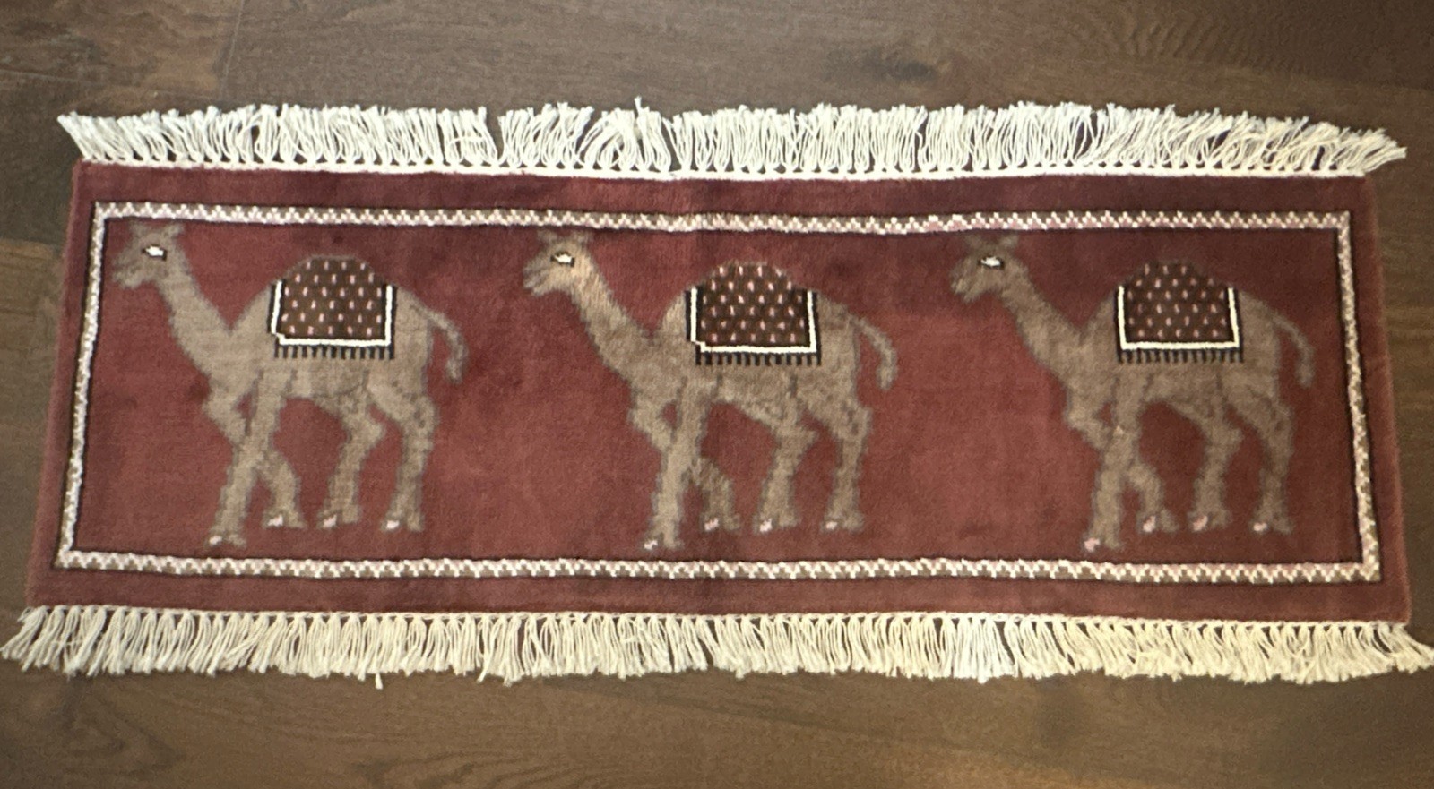 Hand Woven Camel Small Rug Indian Silk Feel 37” X 16” With Fringe
