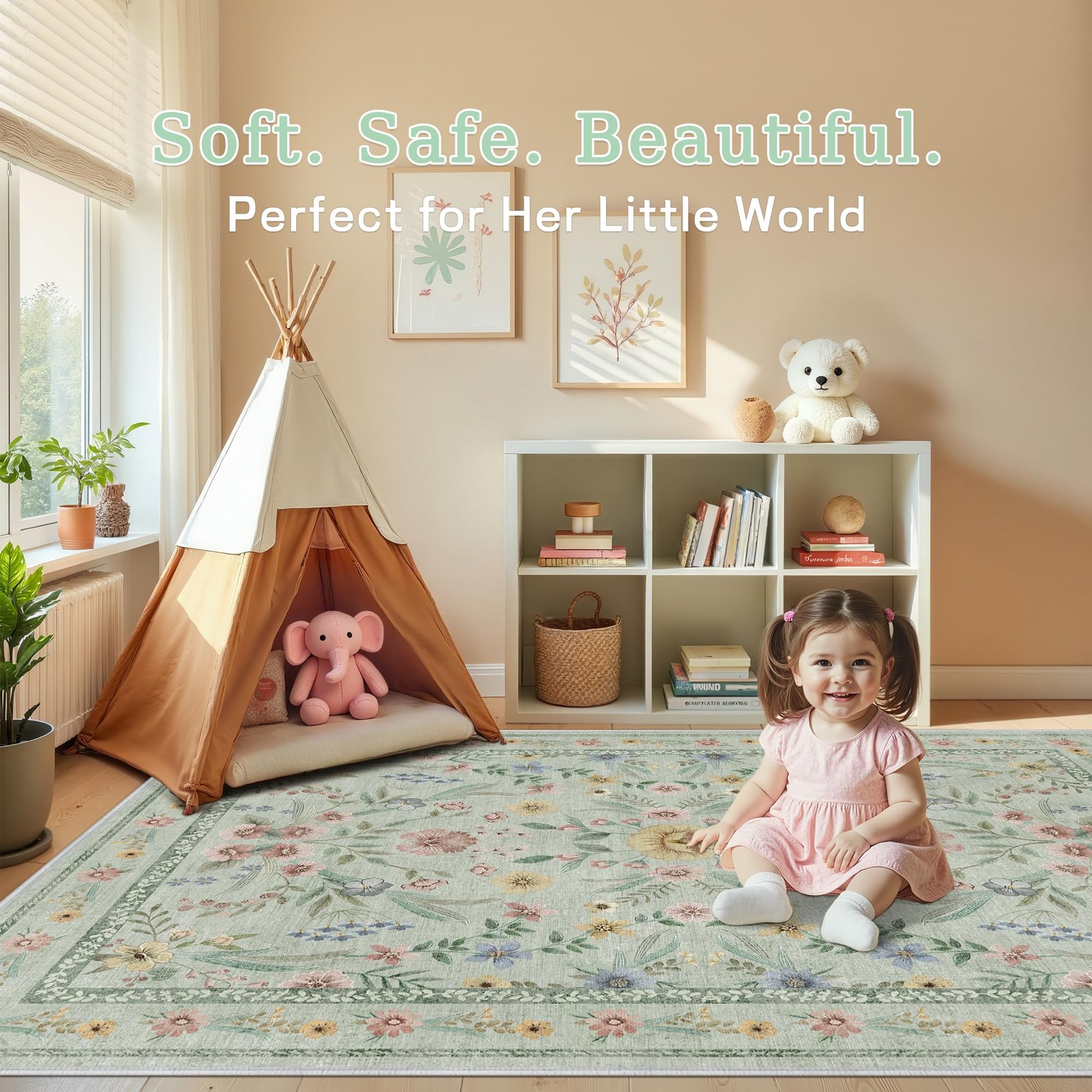 Dadasgk 5×7 Green Floral Botanical Rug Nursery Playroom Kids Room Washable