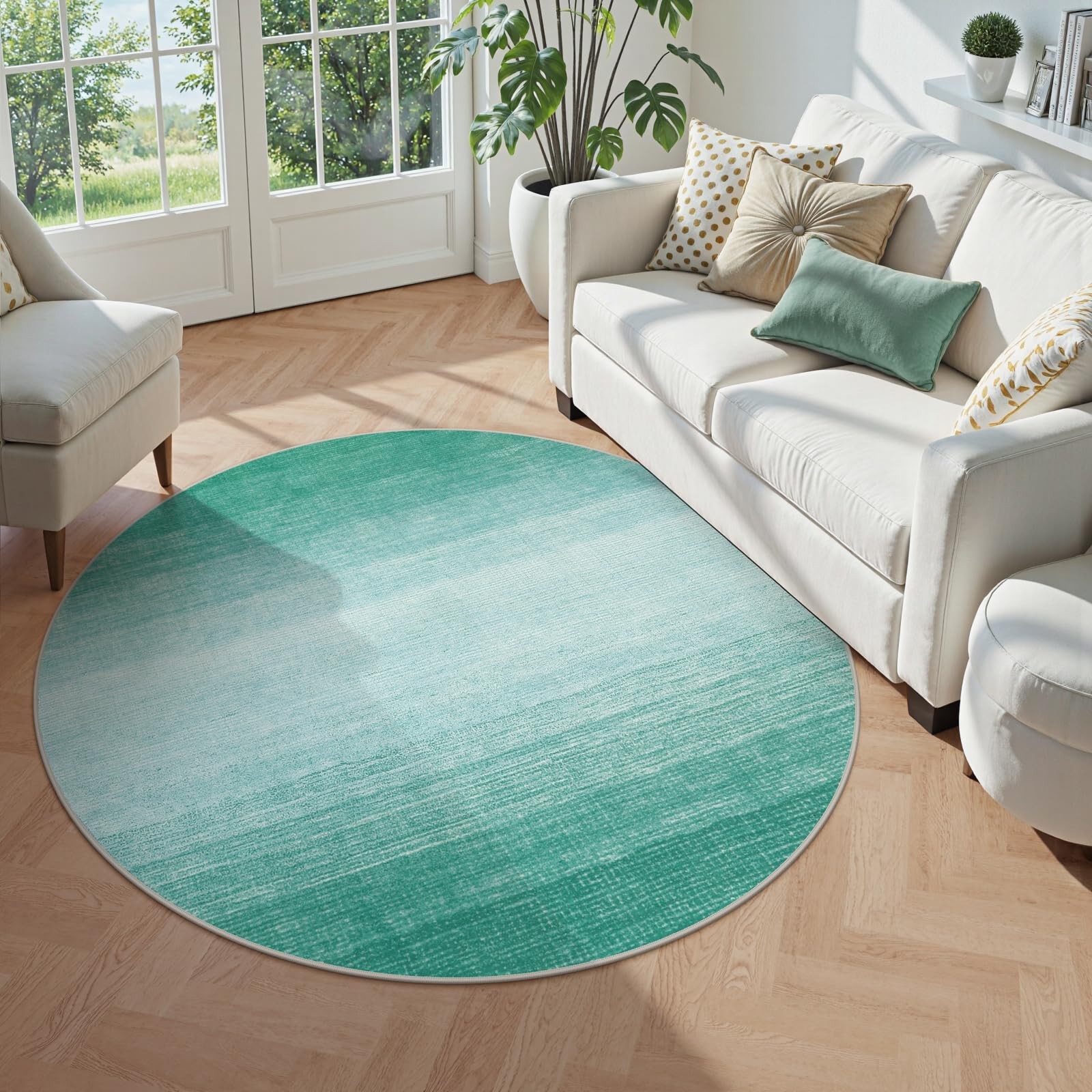 Wonnitar Modern Ombre Washable Round Rug 4Ft Non-Slip Teal Round Bathroom Throw