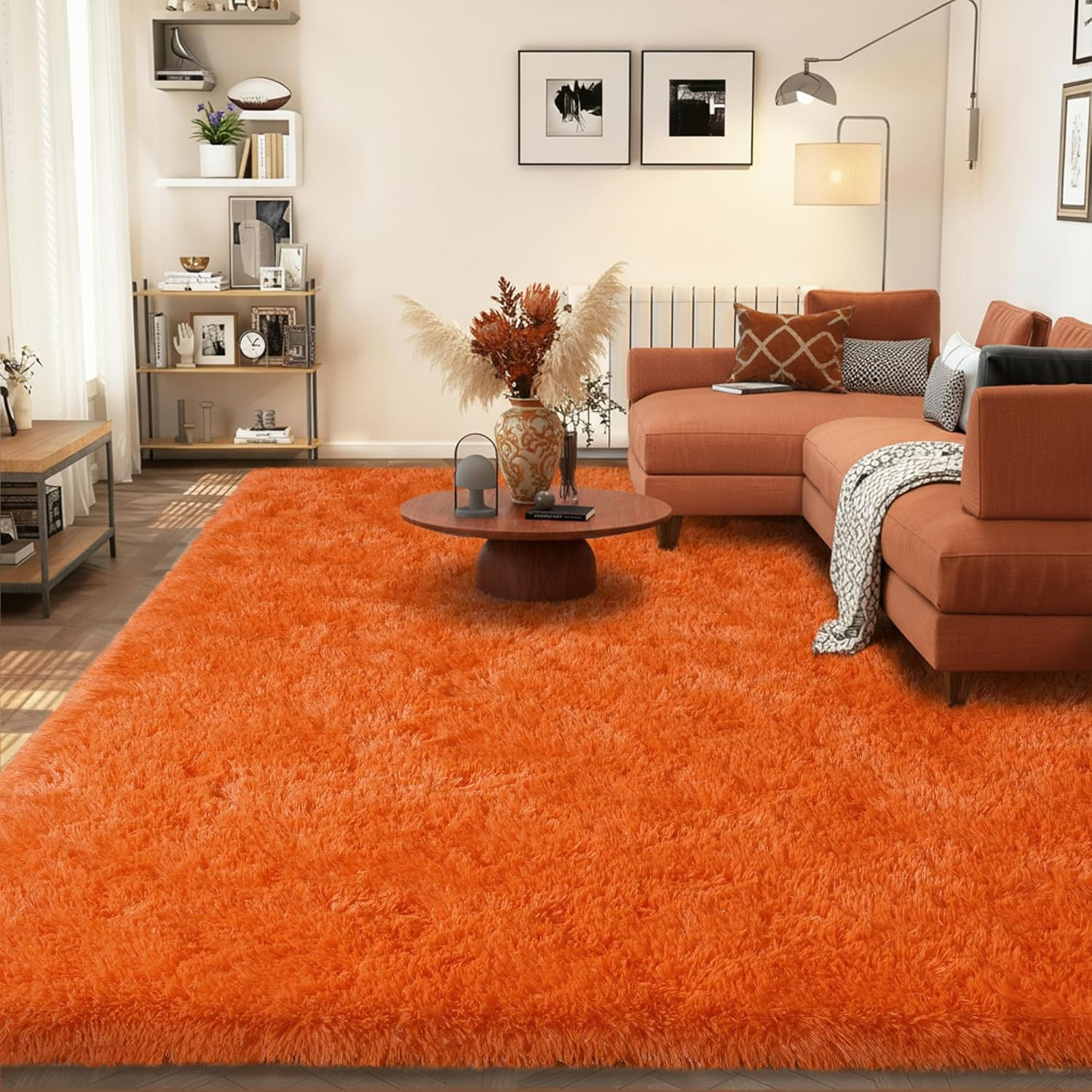 9X12 Large Area Rugs for Living Room, Orange Ultra Fluffy Plush Rug for Living R