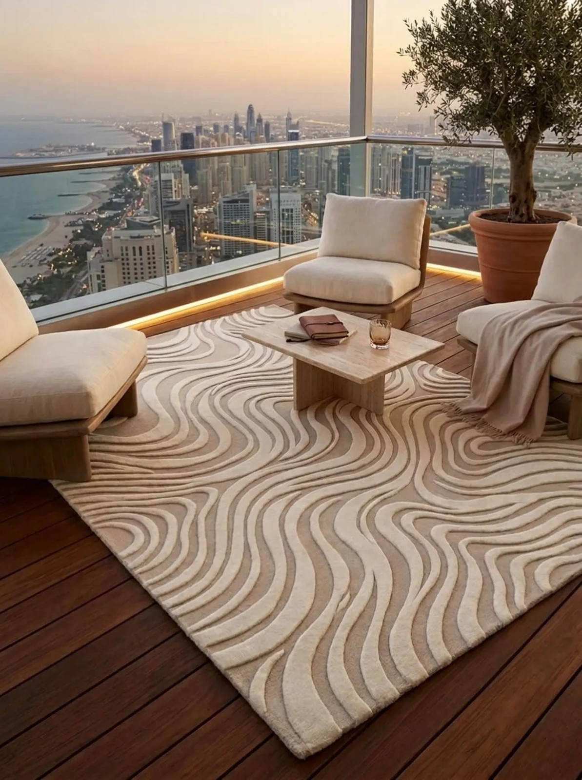 Modern Hand Tufted Area Rug Wavy Zebra Wool Rug Neutral Abstract Beige Cream8x10