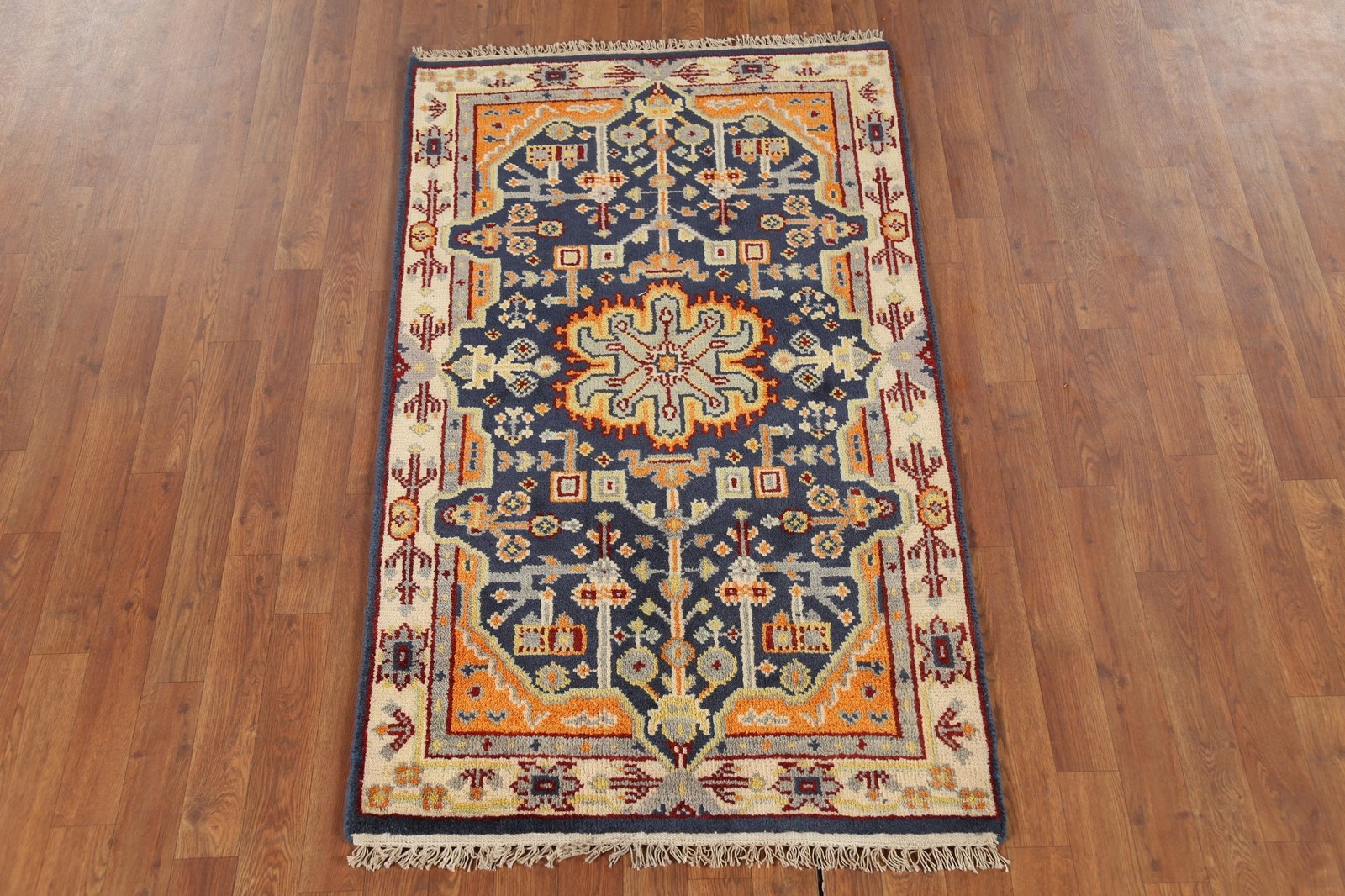 Blue Geometric Kazak Accent Rug 3×5 Hand-knotted Wool Oriental Carpet for Foyer