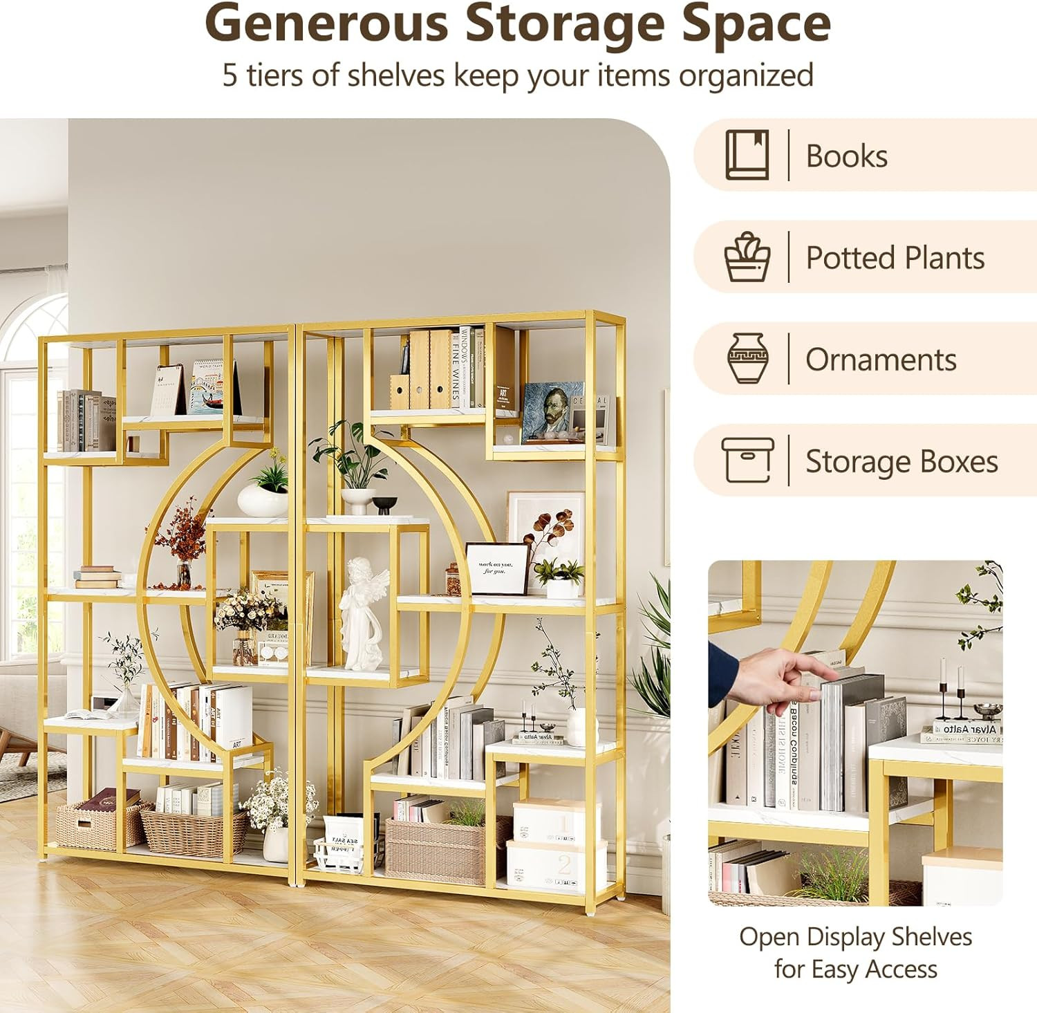 79″ W Luxury Marble-Patterned White Gold Bookshelf, Modern Geometric Half-Moon S