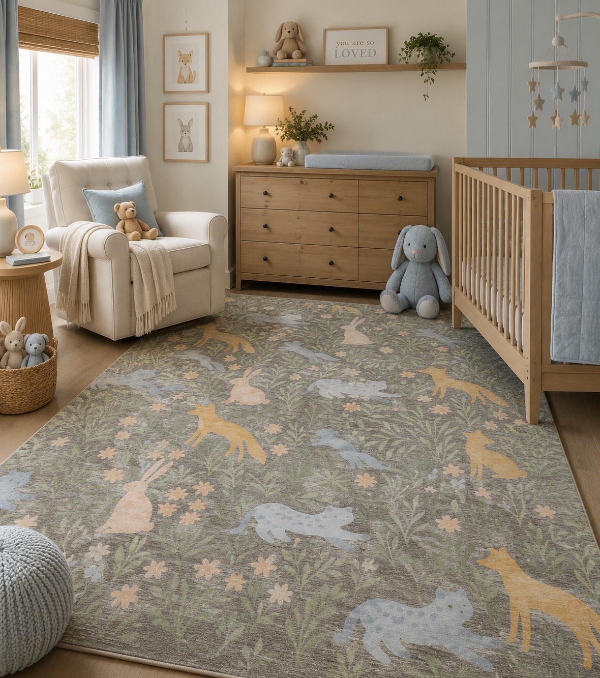 Bliss Forest Animals Botanical Leaves Washable Rug Indoor Outdoor 5 x 8’ Taupe