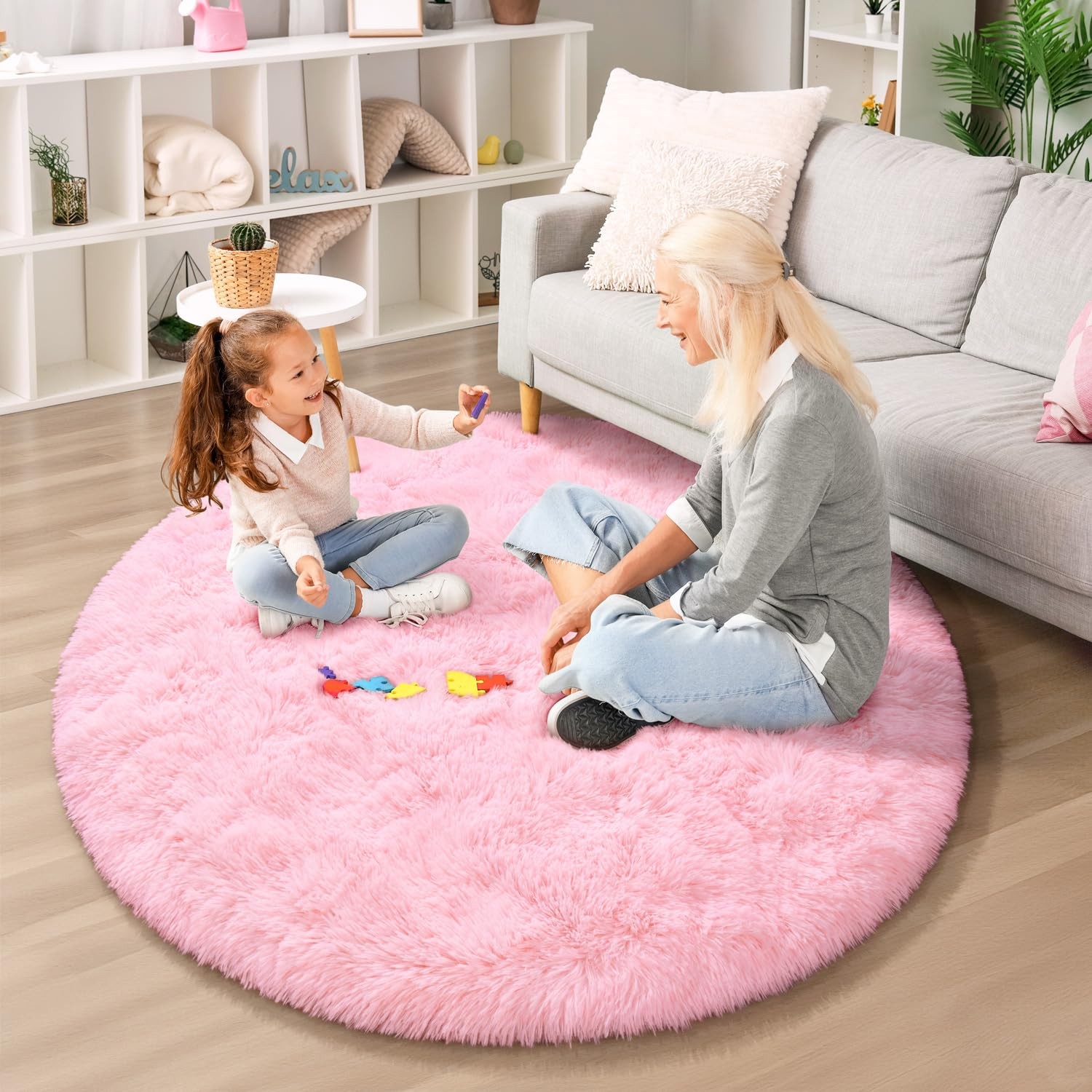 Pink Round Rug for Bedroom, 4×4 Ft Fluffy Soft Circle Area Rugs for Living Ro…