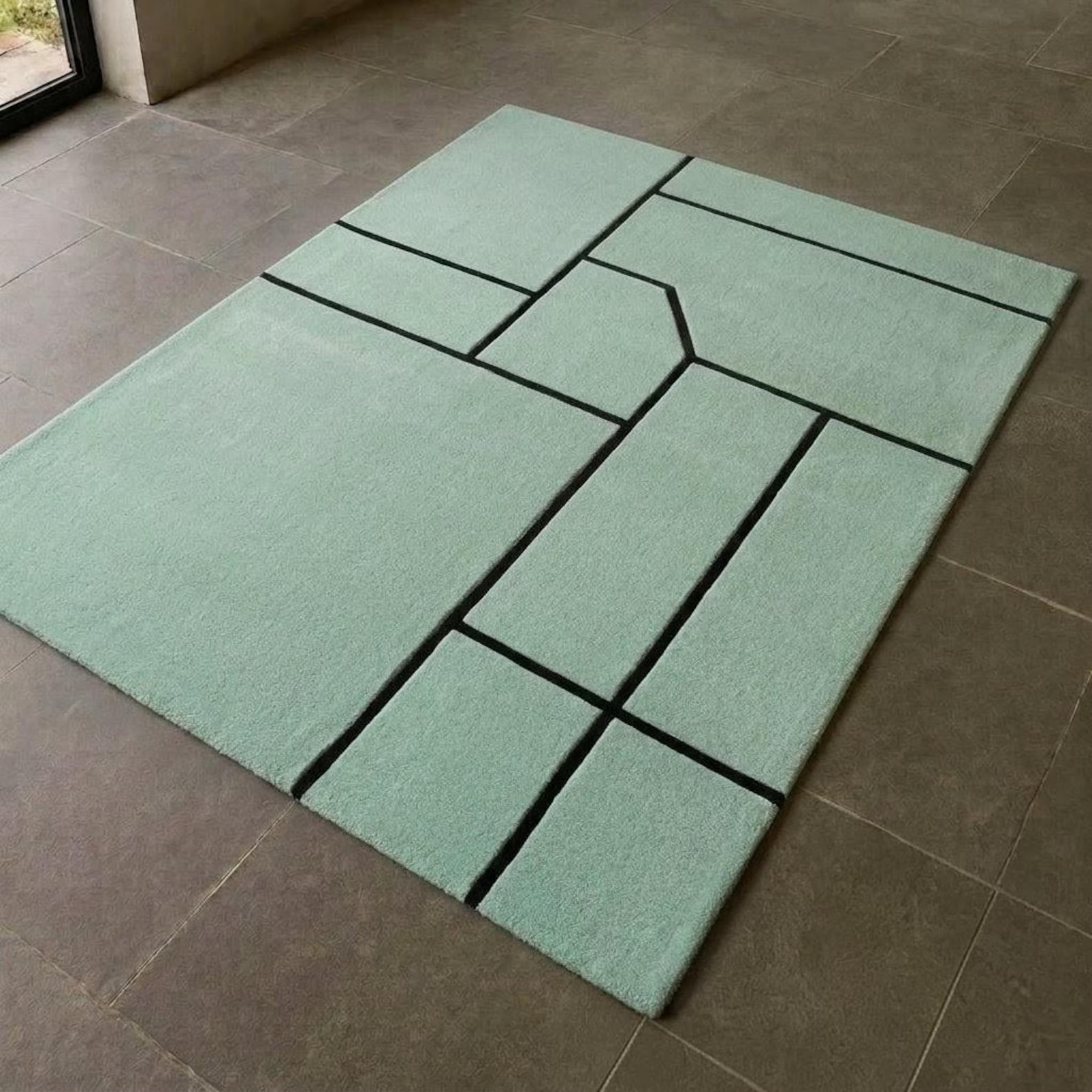 Modern Geometric Area Rug, Hand Tufted Wool Rug, Mint Green Carpet, Minimalist