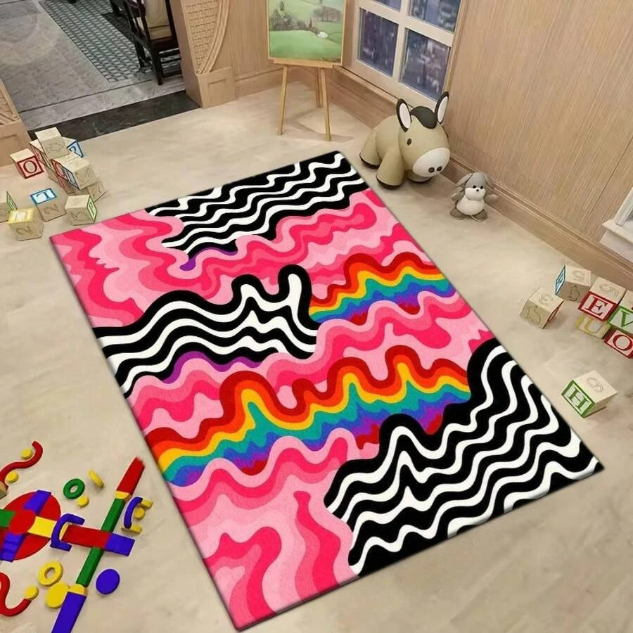 Printed Rainbow Wave Carpet Multi-Size Abstract Geometric Pink Black