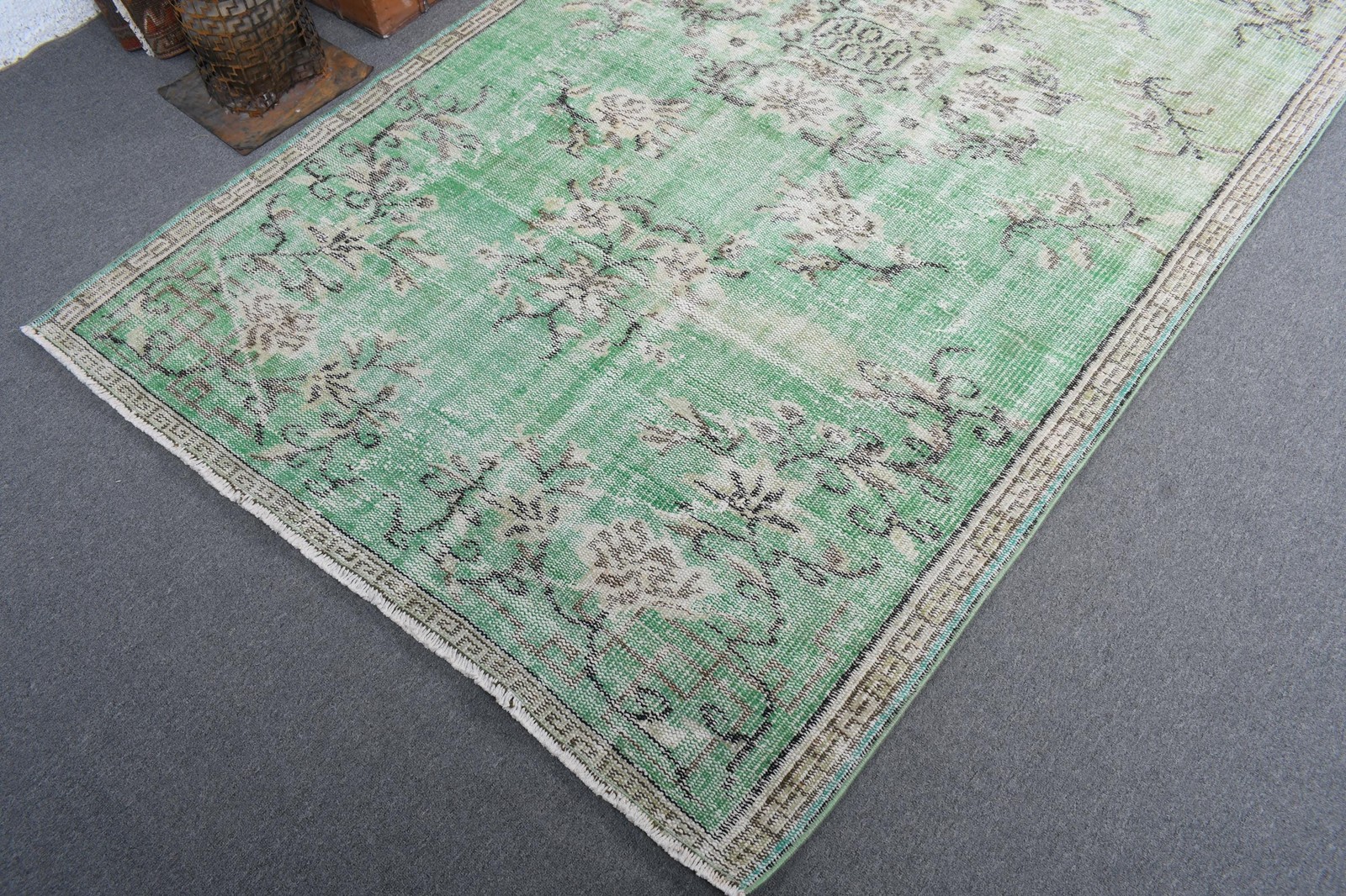 Turkish Area Rug, 4,5×8,1 ft Vintage Rug, Green Floral Wool Rug