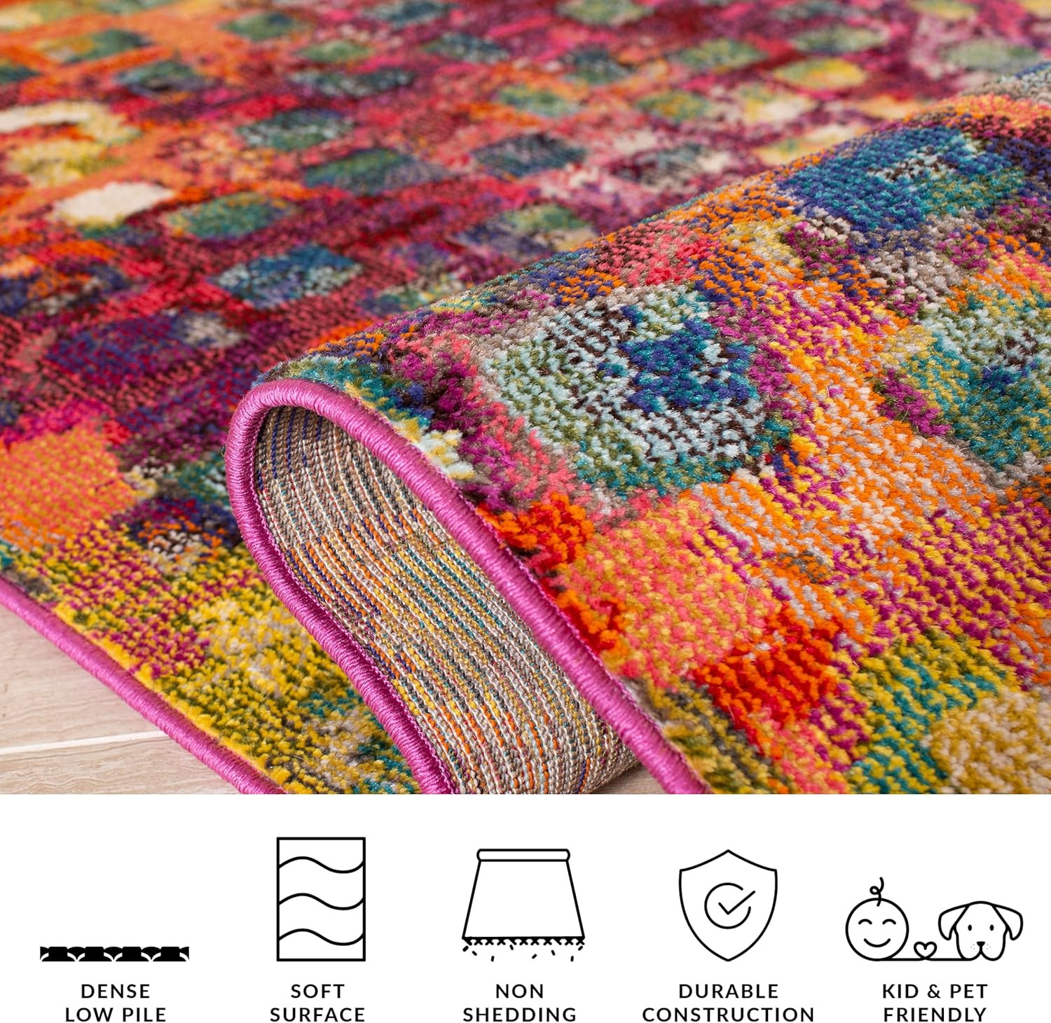 Madison Collection Accent Rug – 2′ X 4′, Fuchsia & Gold, Boho Abstract Distresse