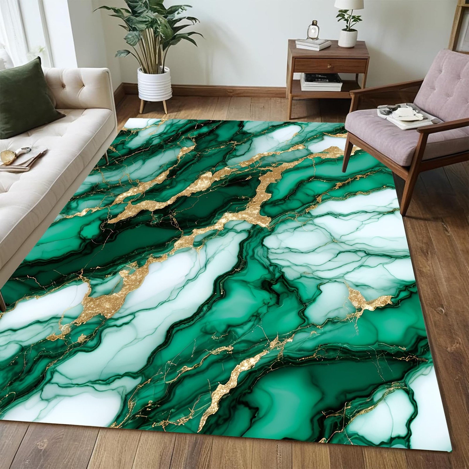 EDGZKO Green Gold Marble Rugs 4×6 Feet Modern Abstract Area Rug Emerald Green