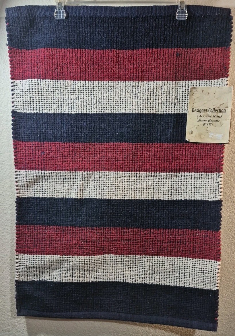 New Throw Rug Cotton Chenille 20″ x 32″ Red White Blue Stripe American Designer