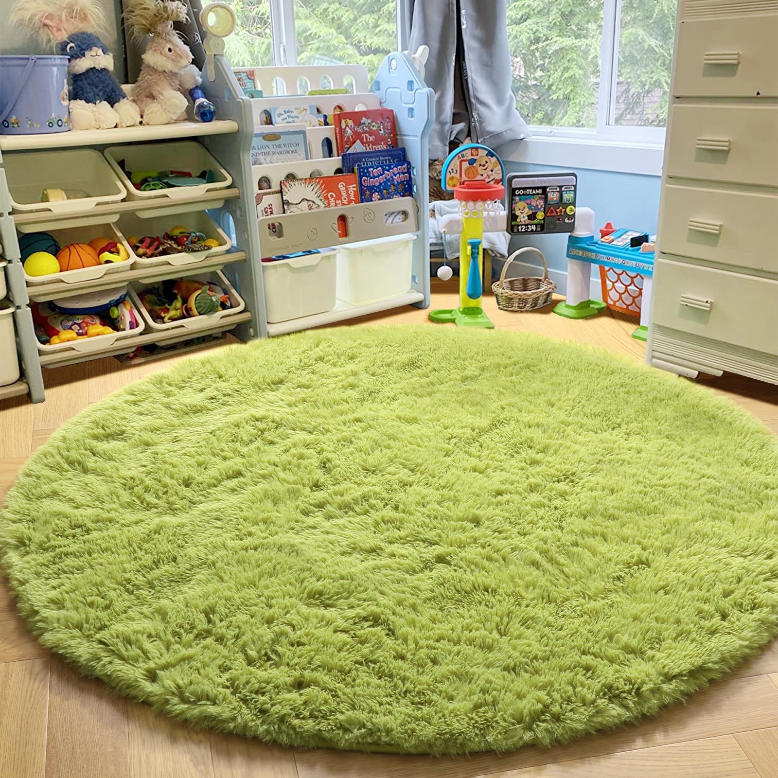 Grass Green Round Rug for Bedroom,Fluffy Circle Rug 5’X5′ for Kids Room,Furry Ca