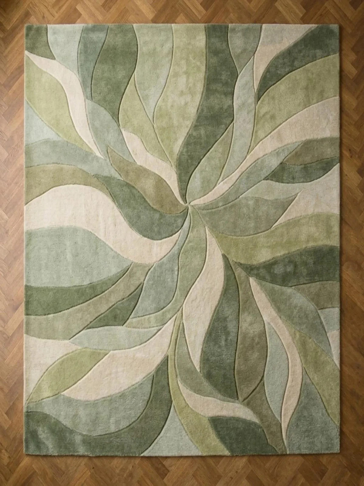 Abstract Rug, Wavy Pattern, Green & Sage Hand Tufted Wool, 3D Textured Carpet.