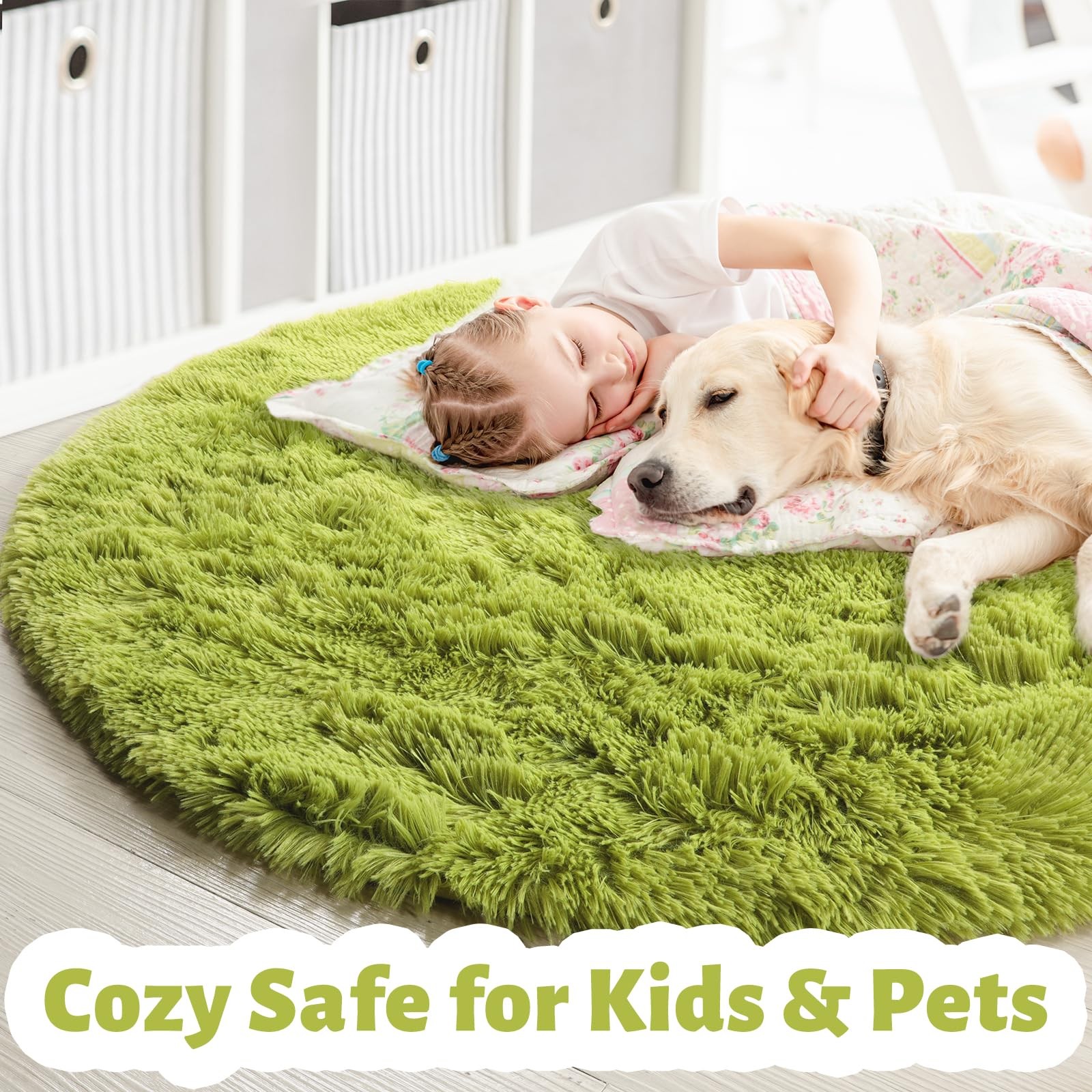 Grass Green Round Rug for Bedroom,Fluffy Circle Rug 5’X5′ for Kids Room,Furry Ca