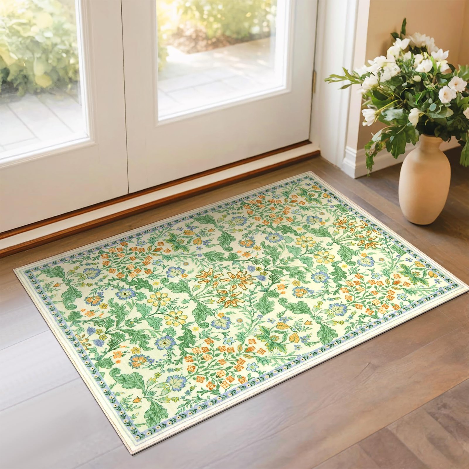 Floral Entryway Washable Rug: 2×3 Soft Low Pile Thin Indoor Front Door Mat, N…