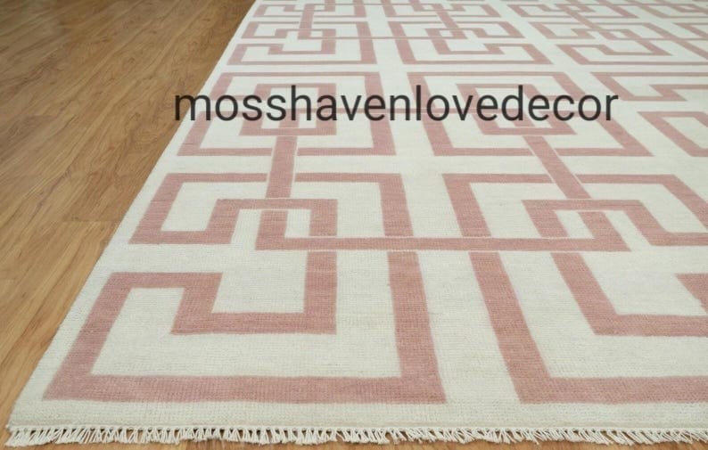 Hand Knotted Blush Pink Ivory Geometric Rug | Modern Wool Area Rug | Custom Size