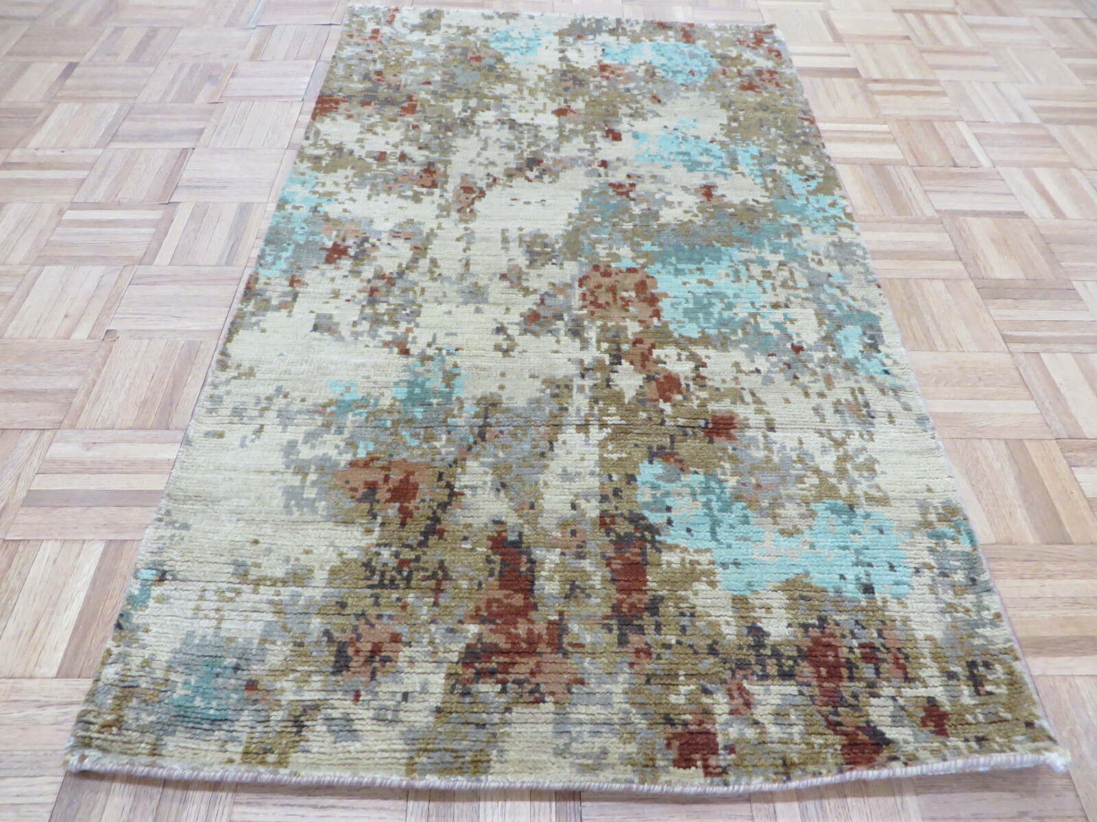 3 x 5 Hand Knotted Multi Colored Modern Abstract Oriental Rug With Silk G9422