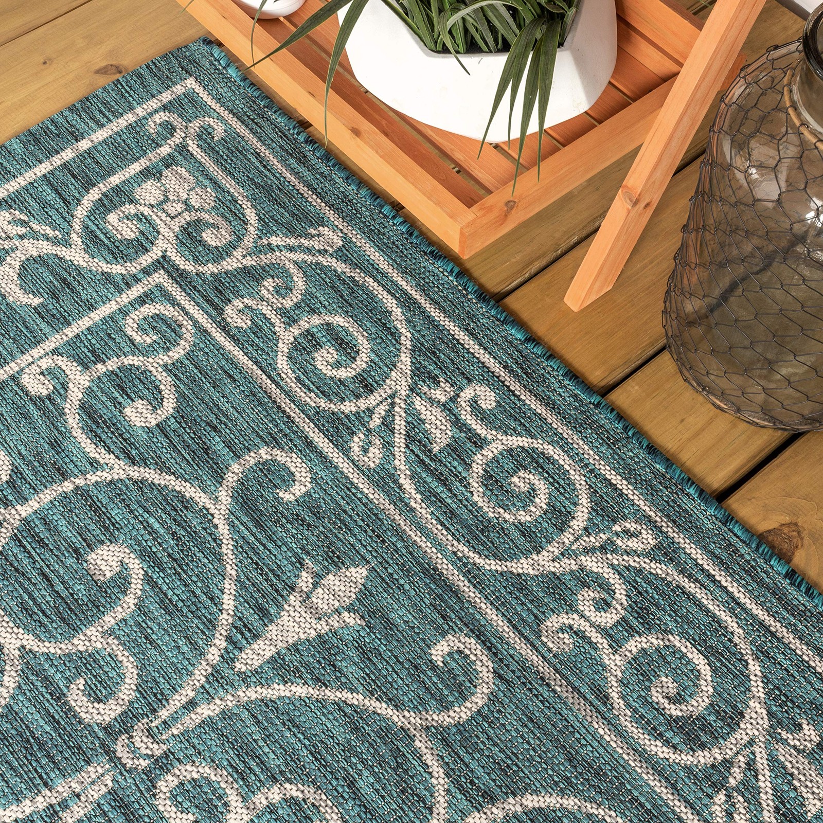 Jonathan Y Vintage Filigree Indoor Outdoor Square Area Rug 8X8 Teal/Gray