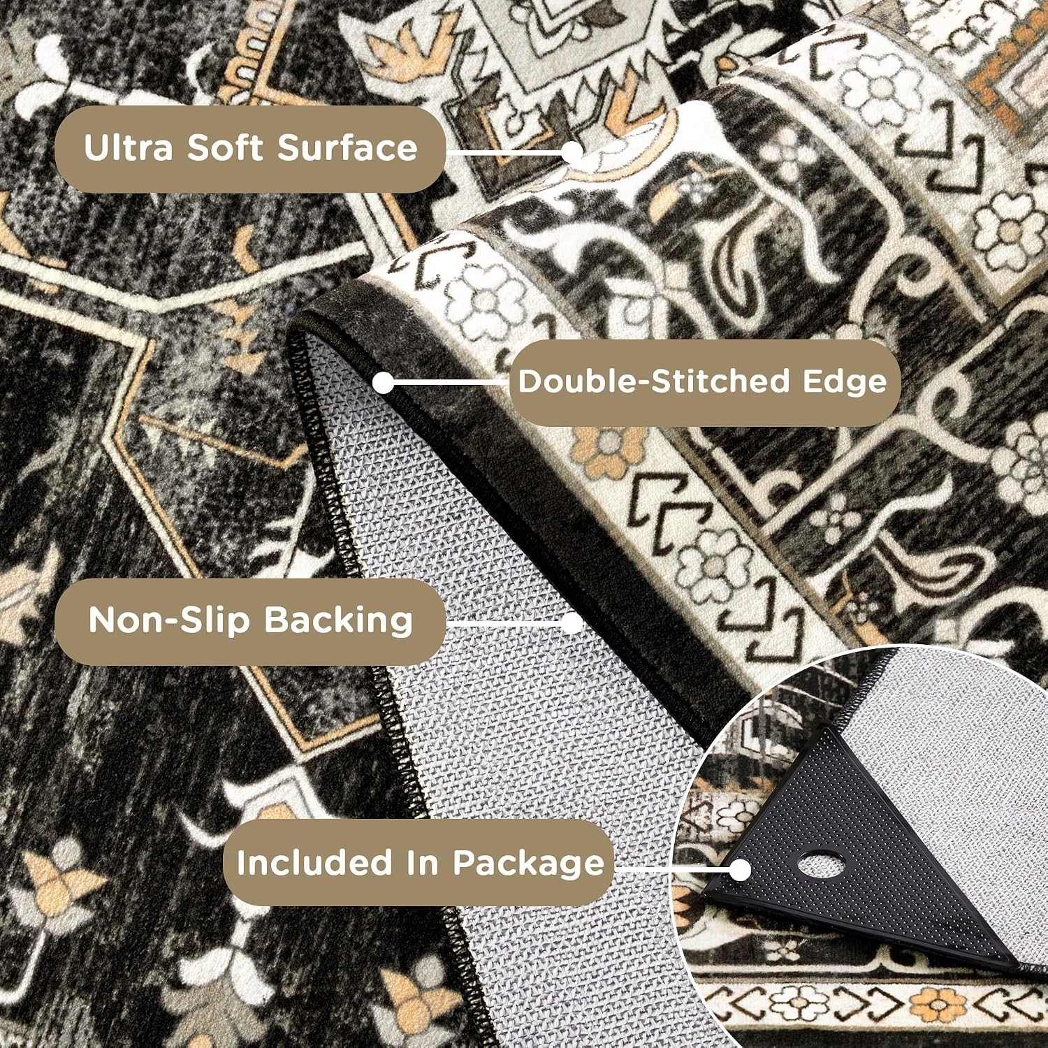 5ft x 7ft Pet-Friendly & Easy to Clean Black & Gold Area Rug for Living Rooms