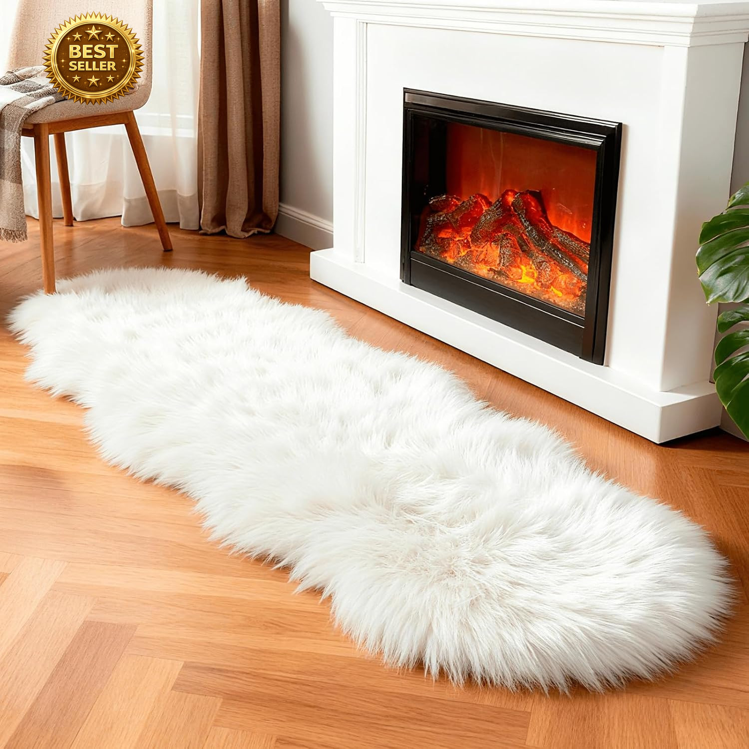 Faux Fur Sheepskin Fluffy Shag Fuzzy Rug, White, 2X6 Ft Runner | High-Density Cu