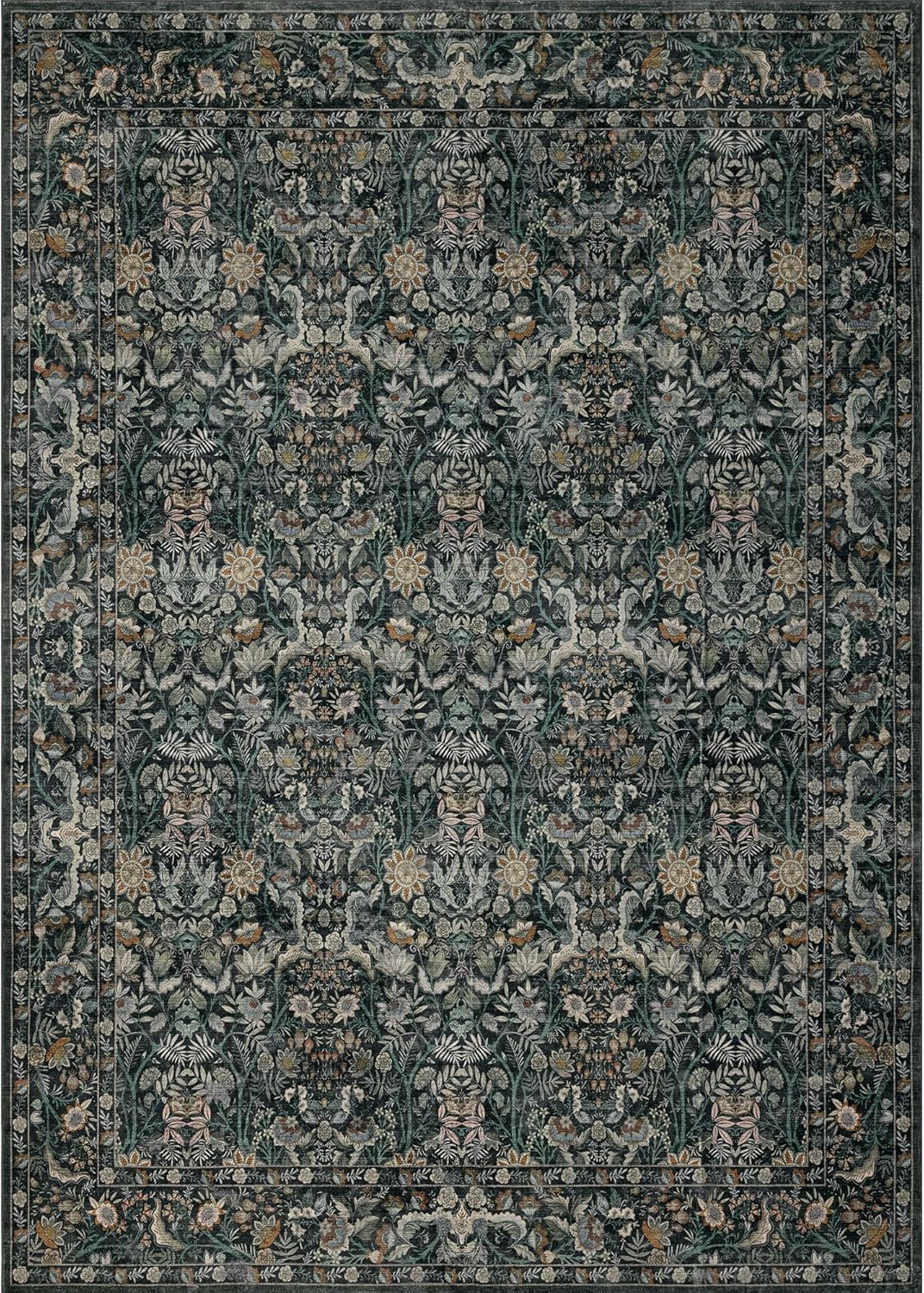 Boho Floral Washable Rug 8×10 – Soft Non-Slip Dark Green Area Carpet