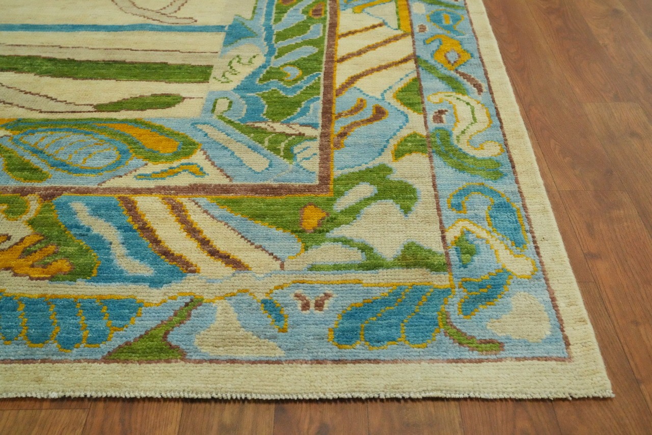 Oushak Hues of Green & Blue 9×12 Large Area Rug Geometric Wool Hand-Knotted