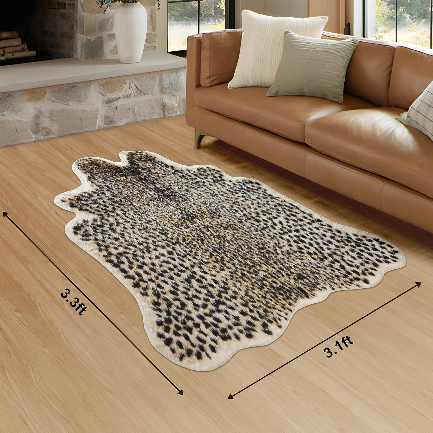 Cheetah Print Faux Cowhide Rug for Living Room & Kitchen, 3.3 x 3.1 Ft