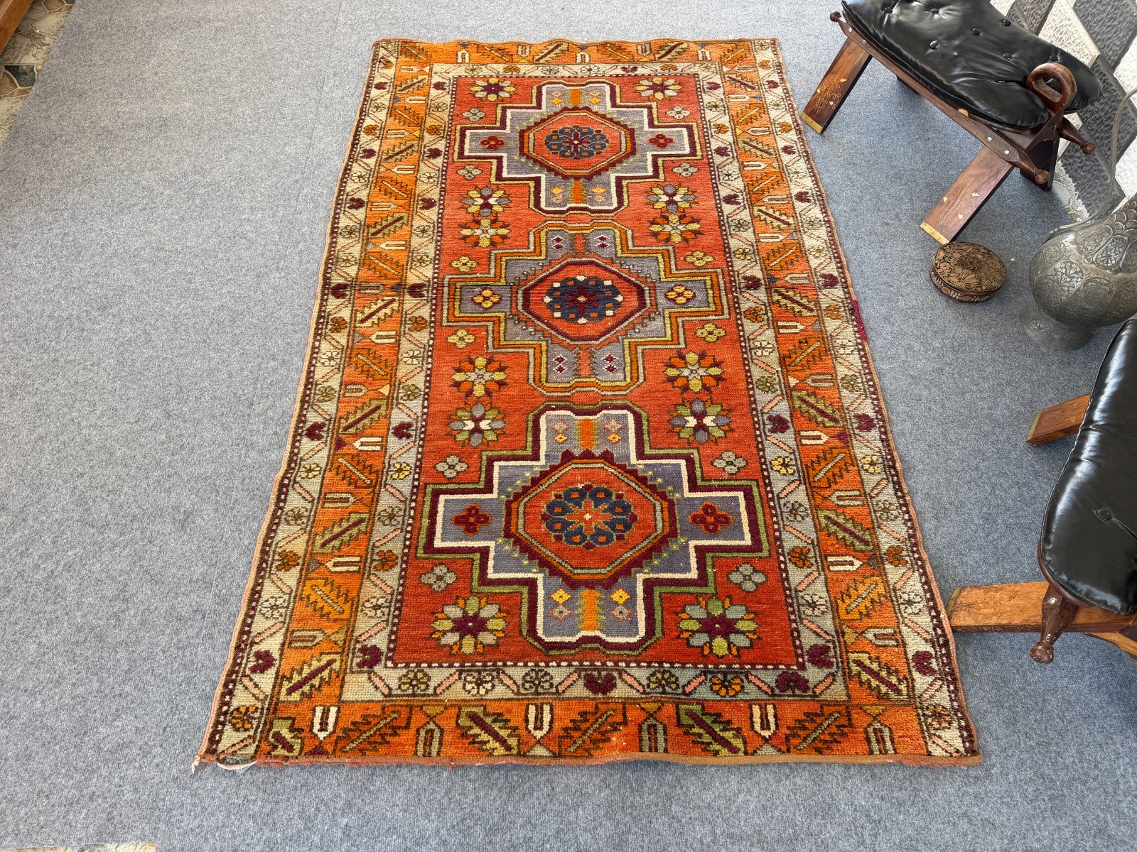 Vintage Caucasian Rug 4×7 Handmade Wool Rug Geometric Tribal Medallion Kazak Rug