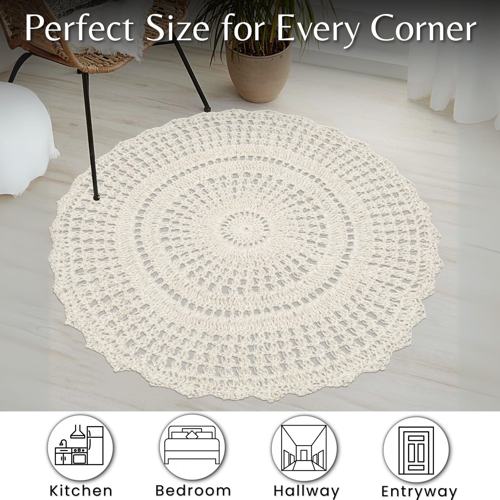 Hand Knitted Boho Rug 3 Feet Round – Off White Scalloped Crochet Accent Rug, …