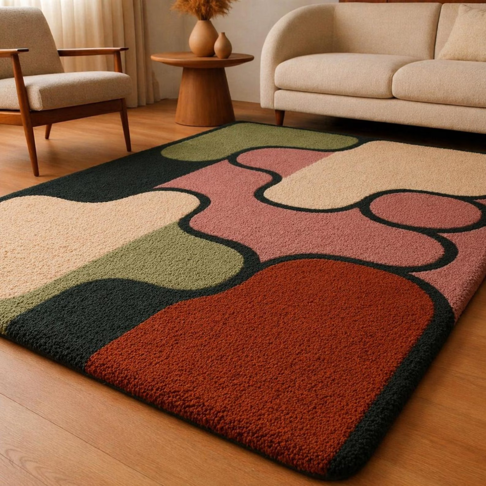 Hand-Tufted Wool Rug – Abstract Organic Design, High Pile Design Carpet Rug