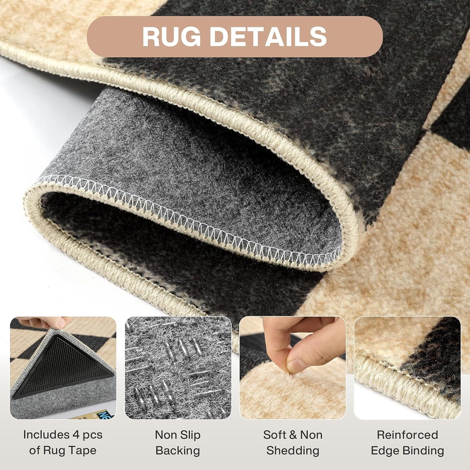 Black and White Checkered 5×7/8X10 Washable Non-Slip Area Rug for Living Room