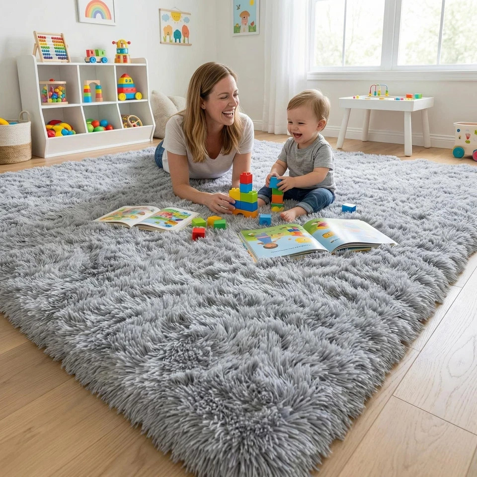 Fluffy Rugs for Living Room: Grey Soft Shag Rug 7′ x 10′ (Rectangular),