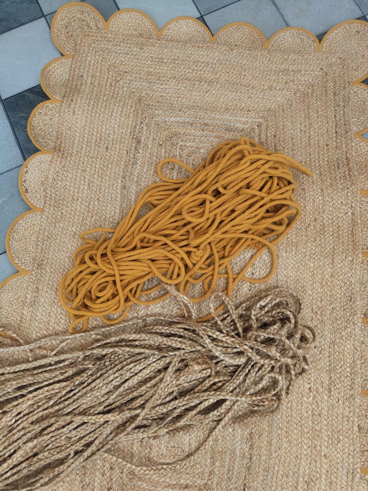 Rug Yellow Design Scallop Jute Rug Rectangle Area Carpet For Living Room Hallway