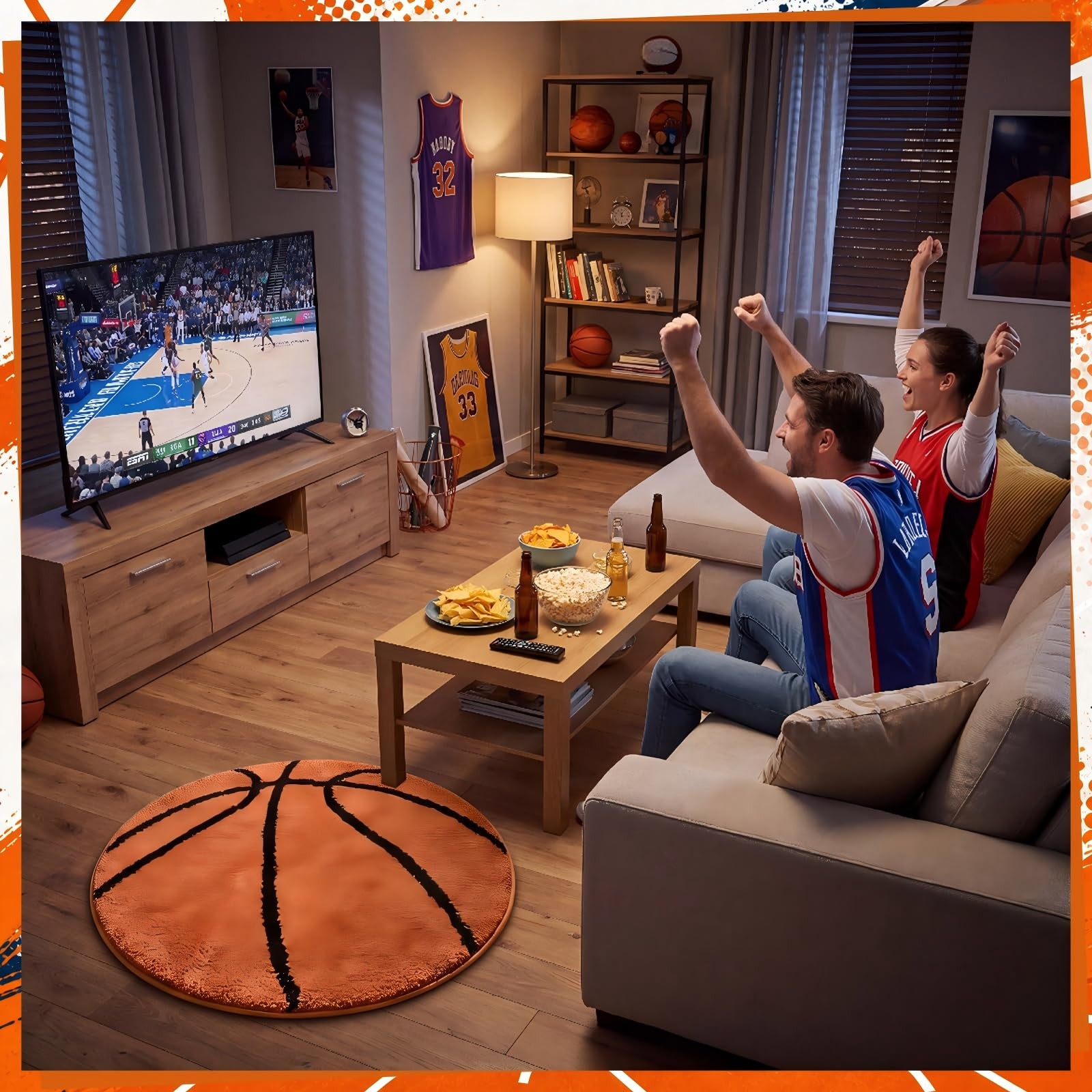 Basketball Rug Non Slip Soft Mat Washable Orange 25.5×25.5 Inch Area Decor