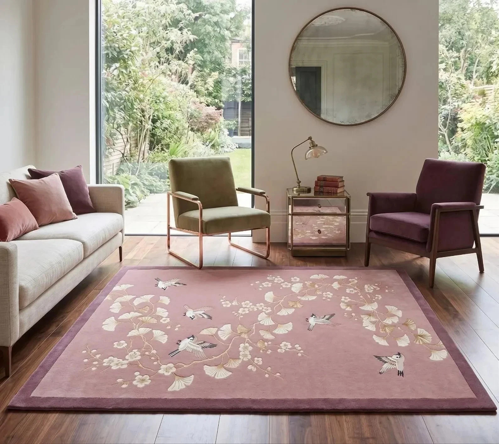 Hand-tufted Wool Rug: Pink Chinoiserie Floral Bird Ginkgo Design Area Carpet Rug