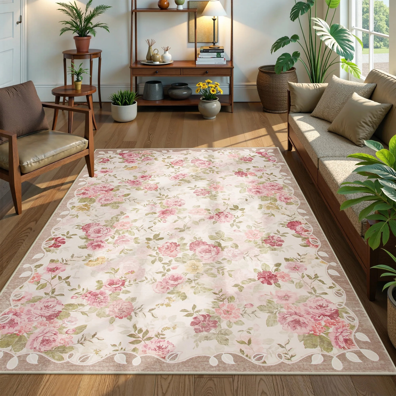 5’X7′ Pink Floral Washable Rugs,5X7Ft Rugs for Bedroom Girls Boho Area Rug,Vinta