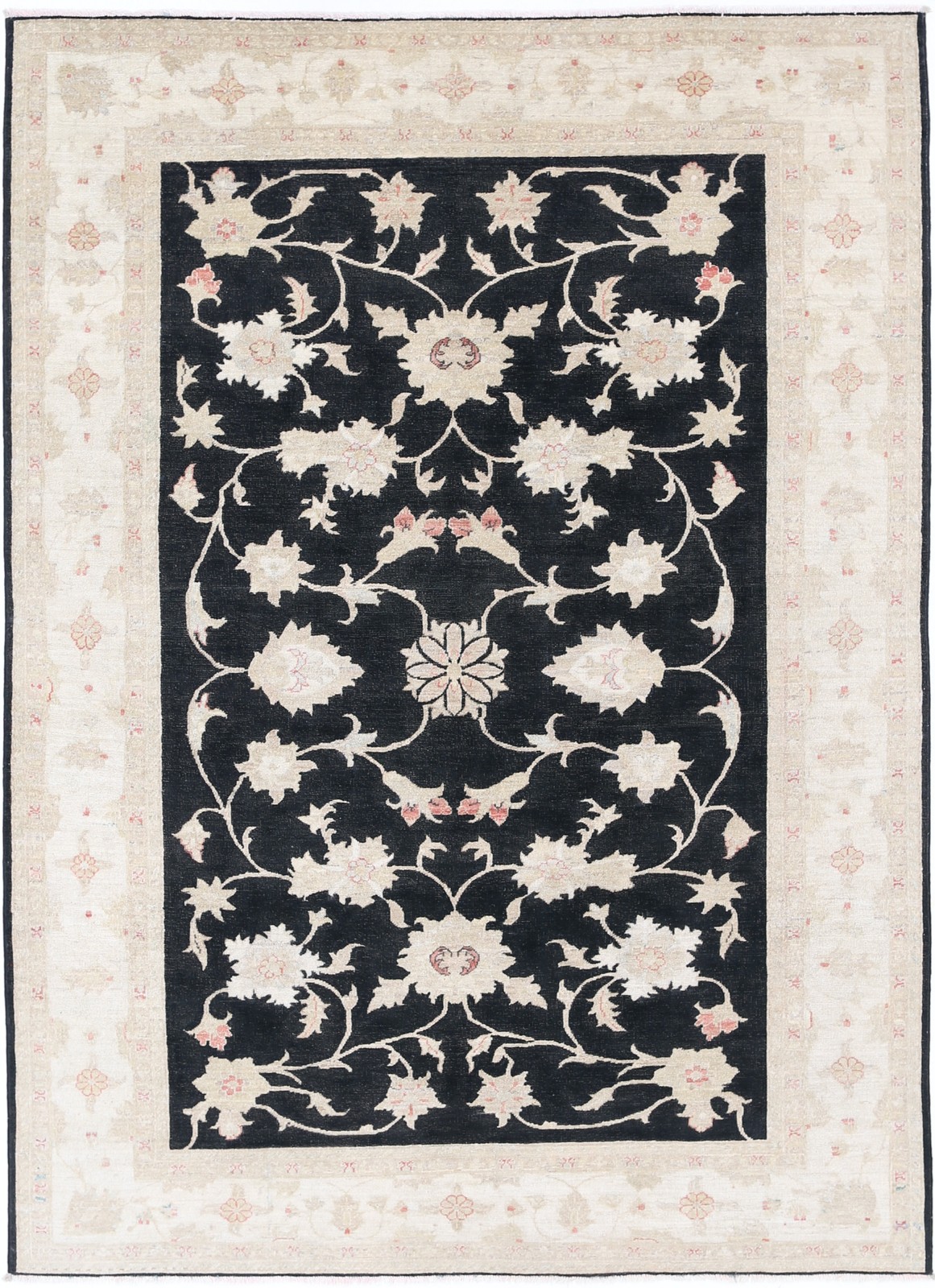 5.7×8 ft Hand Knotted Floral Area Rug with Black Field and Beige Border