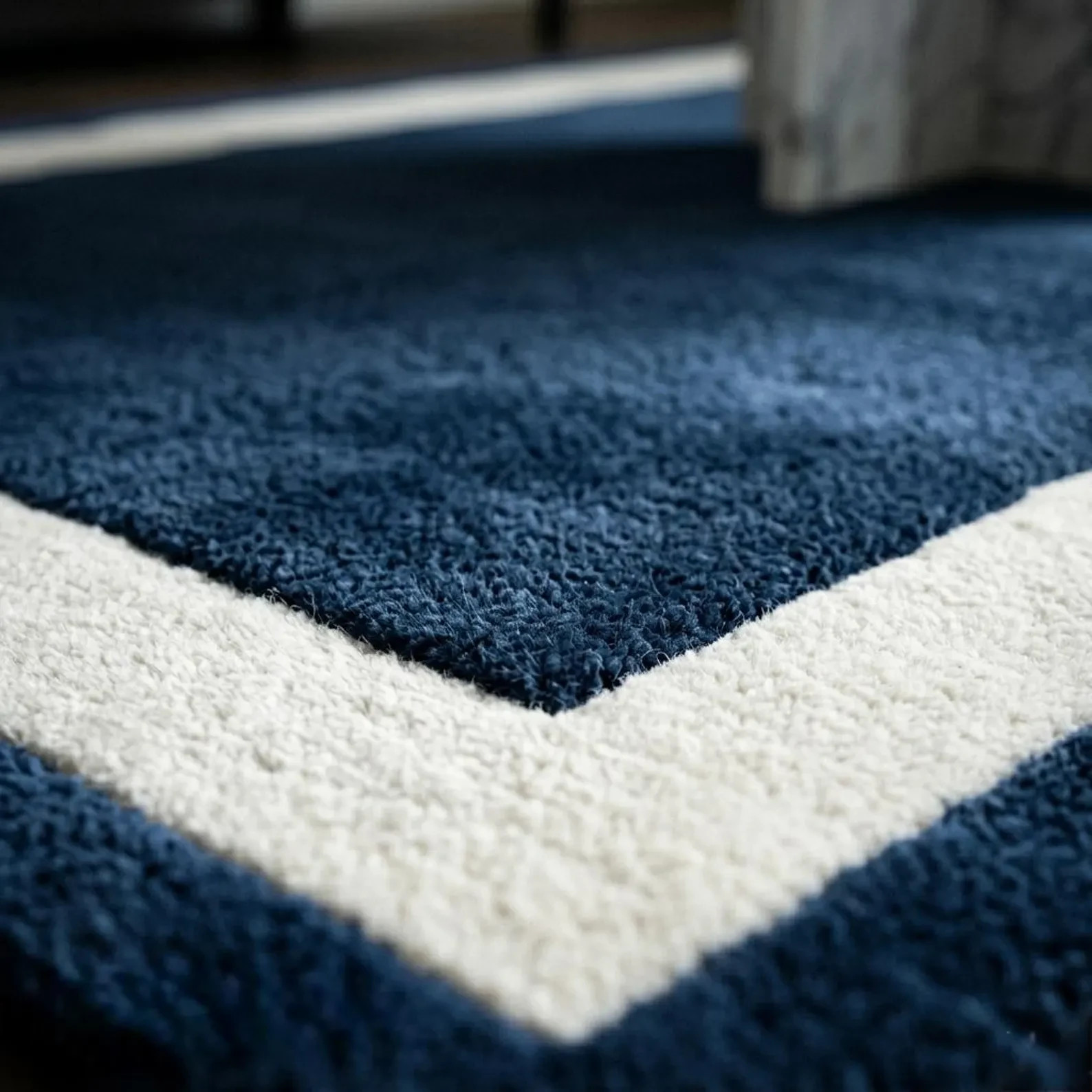 Navy Blue Border Area Rug | Handmade Wool Minimalist Carpet living room bed room