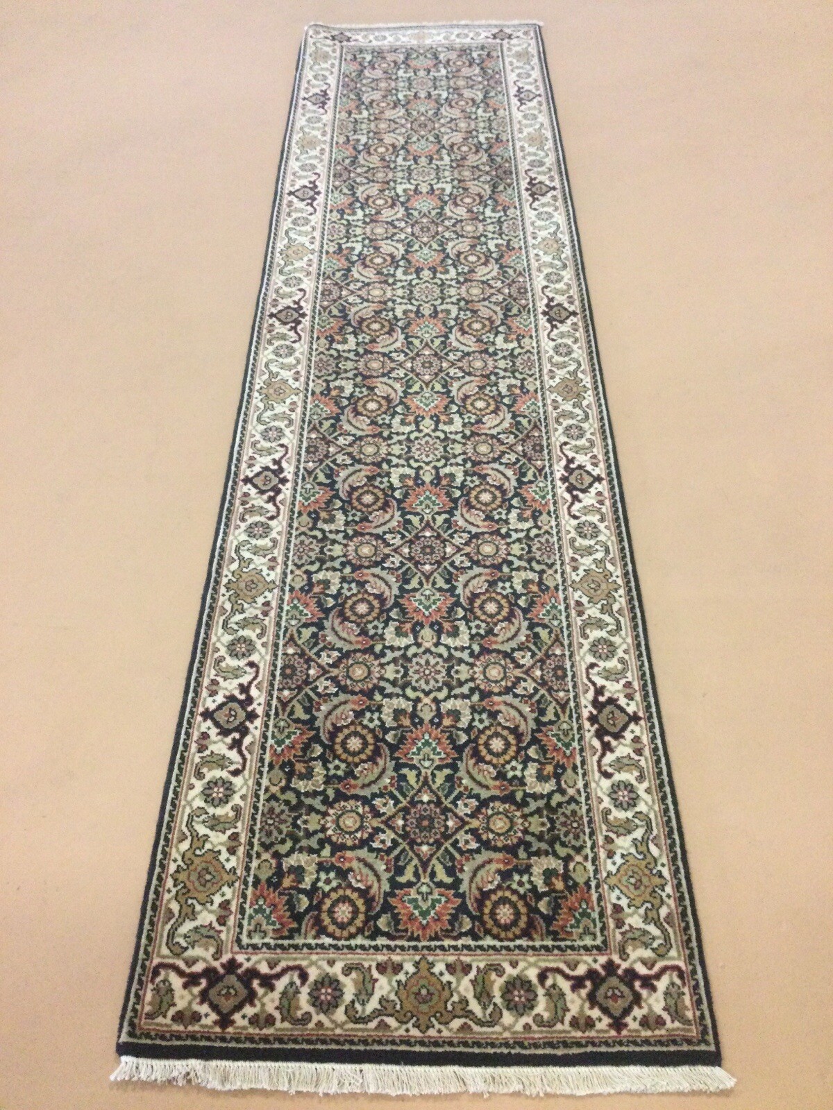 2’ X 8’ Black Beige Geometric Hand Knotted Oriental Rug Short Narrow Runner Wool